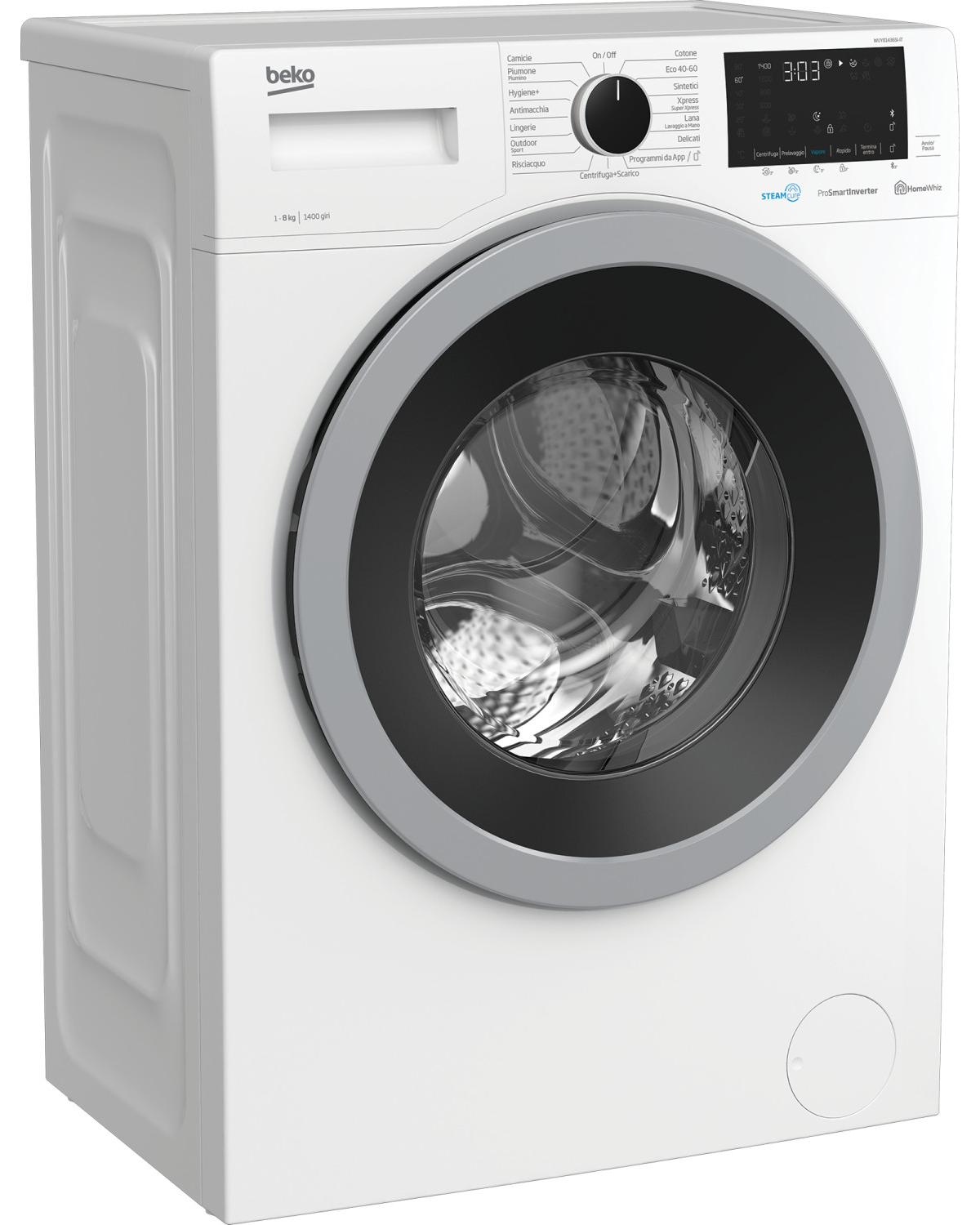 Lavatrice Beko bianca con oblò e pannello di controllo argentati.
