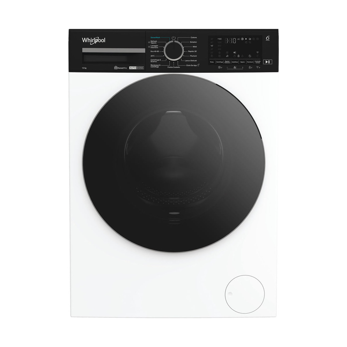 Una lavatrice Whirlpool bianca con oblò e pannello di controllo neri.