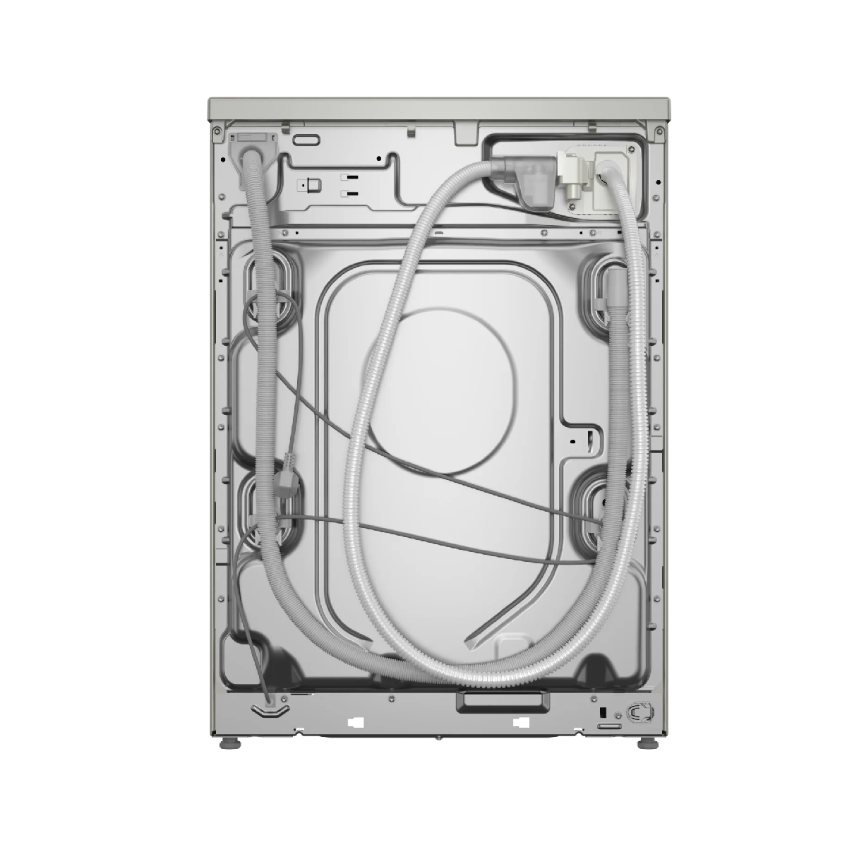 Parte trasera de una lavadora con mangueras y cables.
