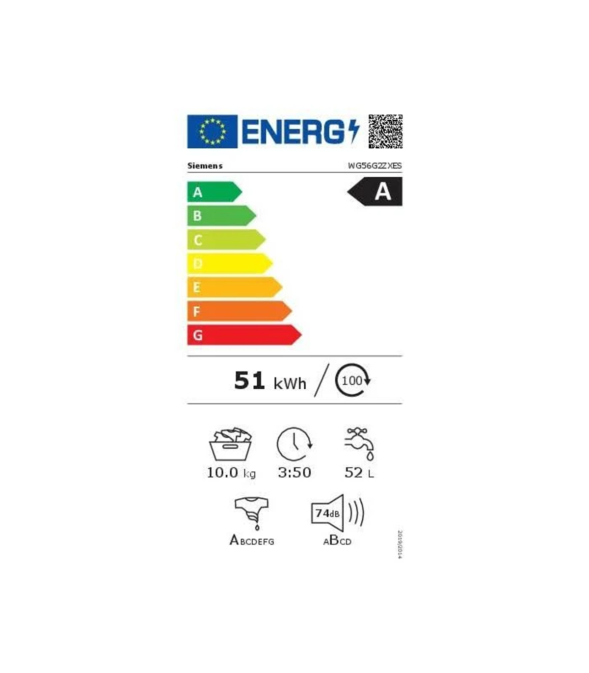 Etichetta efficienza energetica classe A per lavatrice Siemens, 51 kWh/100 cicli, 10kg, 3:50h.