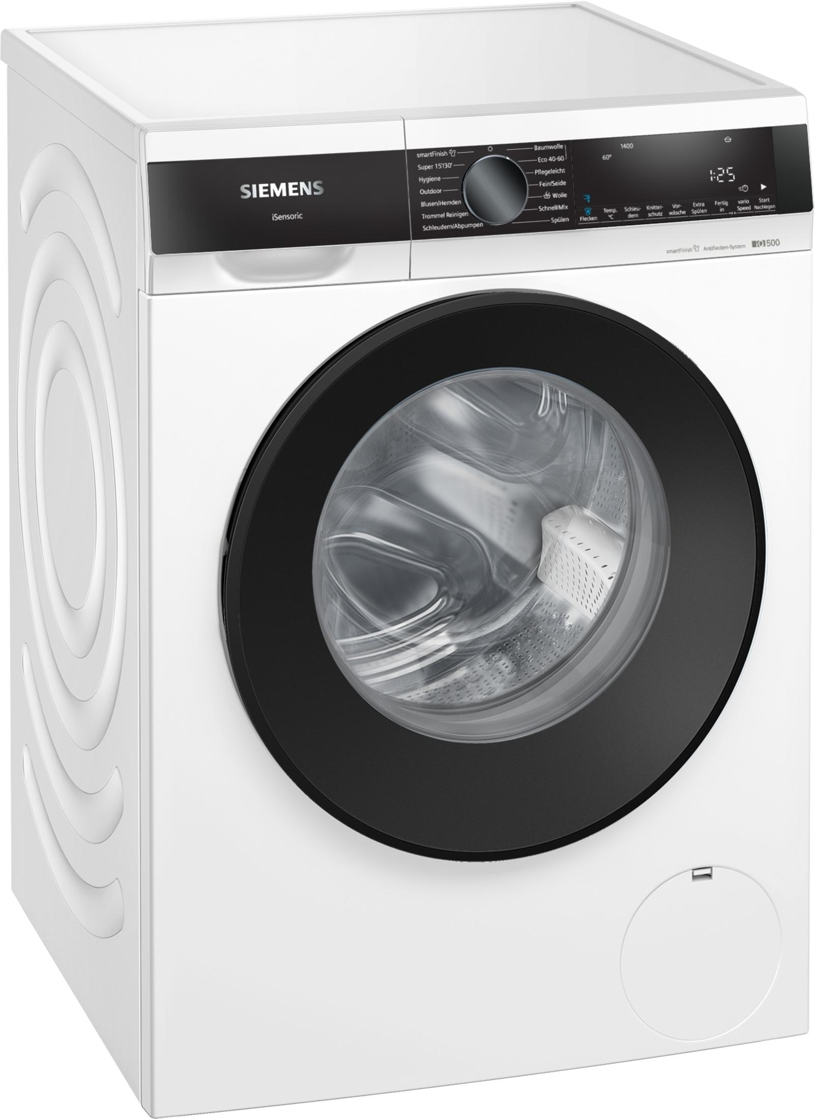 Eine weiße Siemens Waschmaschine mit schwarzer Tür und Display.