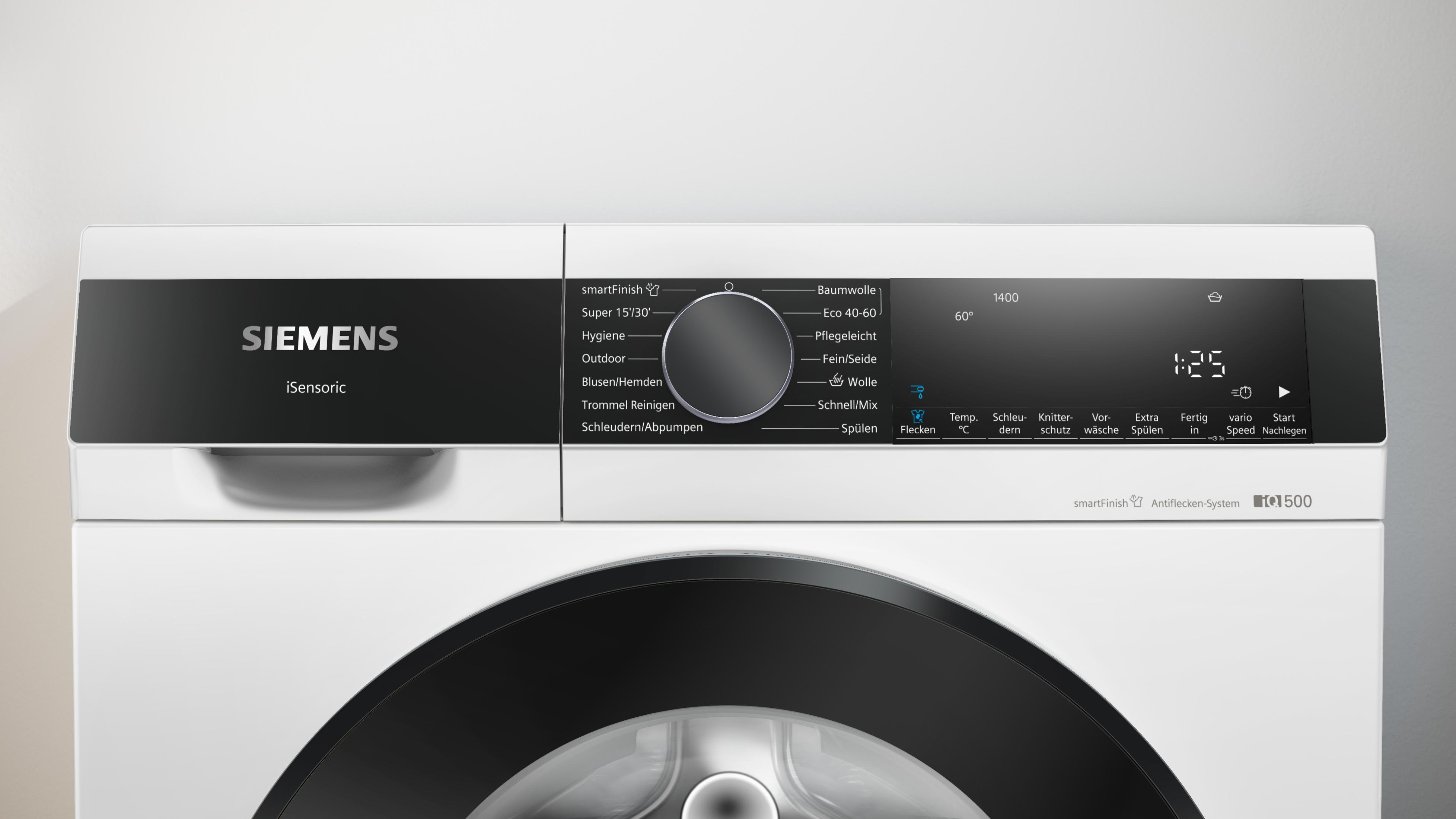 Nahaufnahme eines Siemens Waschmaschinen-Bedienfelds mit Programmauswahl und digitaler Anzeige.