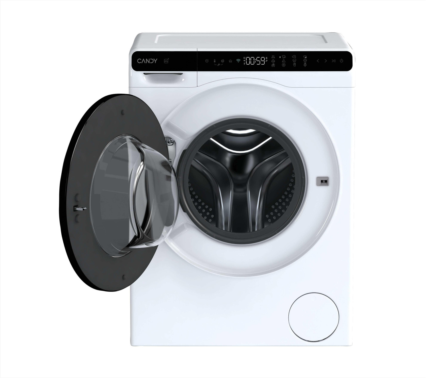 Een witte Candy wasmachine met geopende zwarte deur en digitaal display.