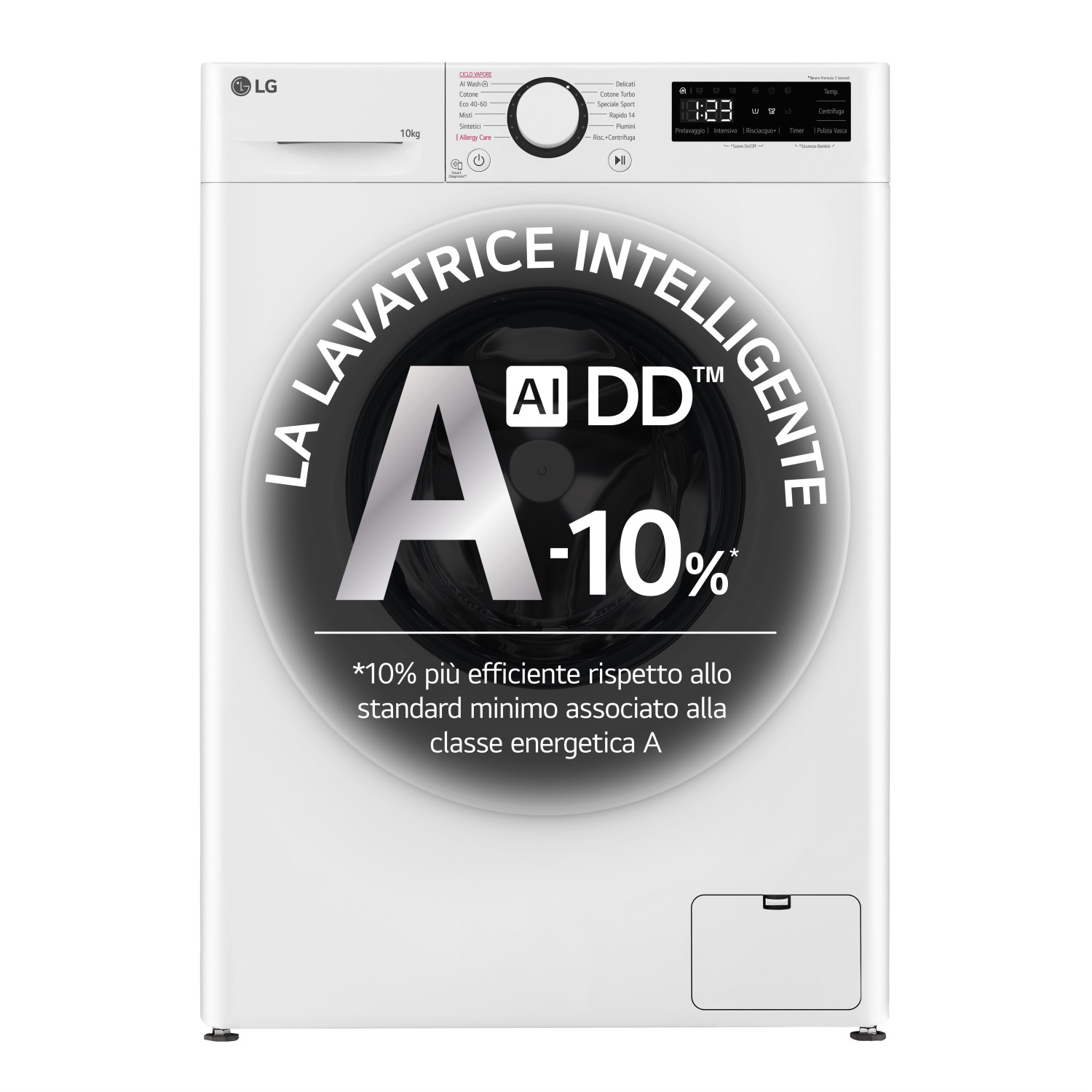 Lavatrice LG bianca con display digitale e grandi simboli.