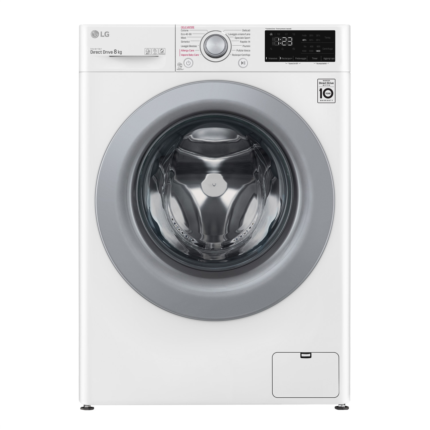 Lavatrice LG bianca a carica frontale con display digitale. Capacità 8 kg.