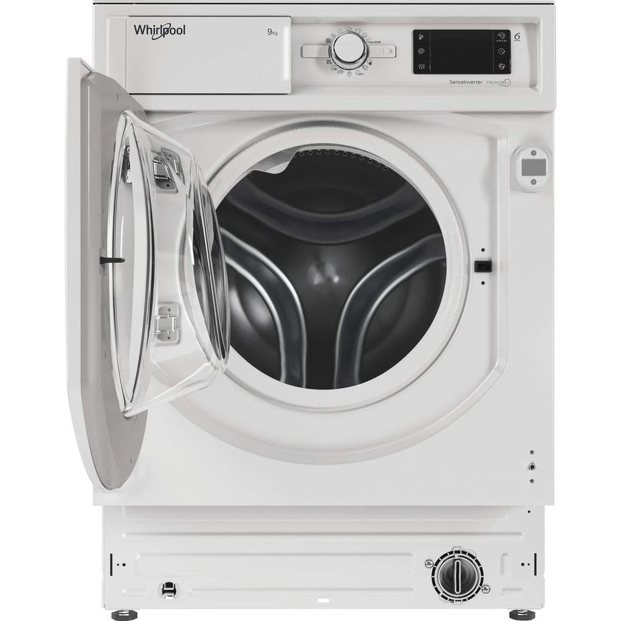 Una lavadora blanca Whirlpool con la puerta abierta, revelando el tambor.