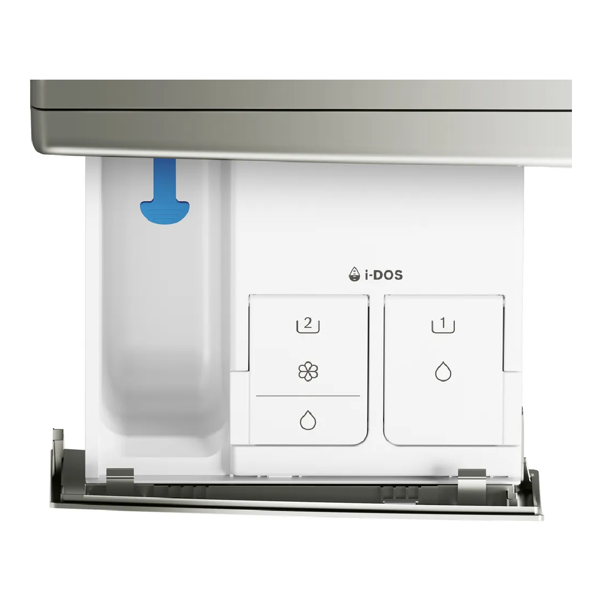 Cassetto detersivo lavatrice con scomparti 1 e 2.