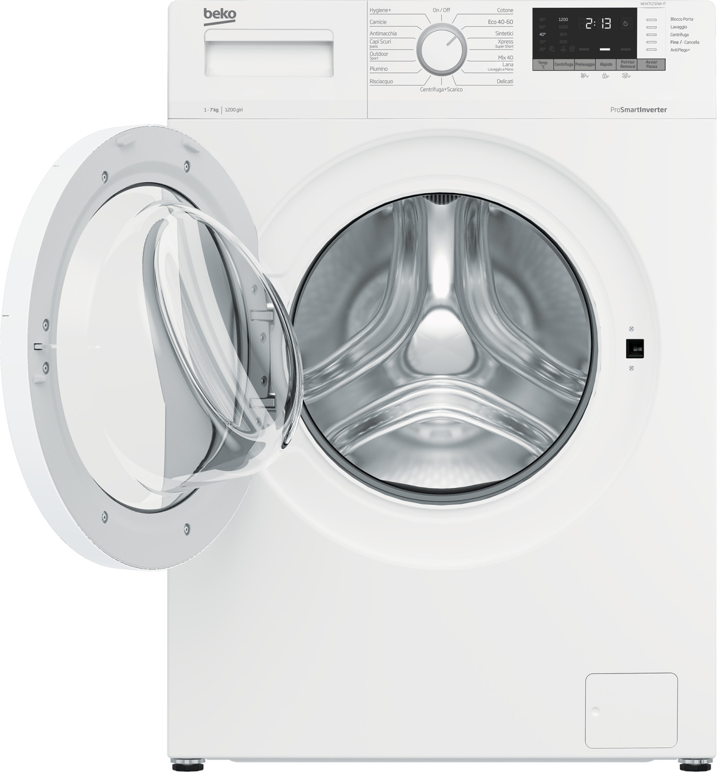 Lavatrice Beko bianca con oblò aperto, cestello visibile. Pannello comandi in alto.