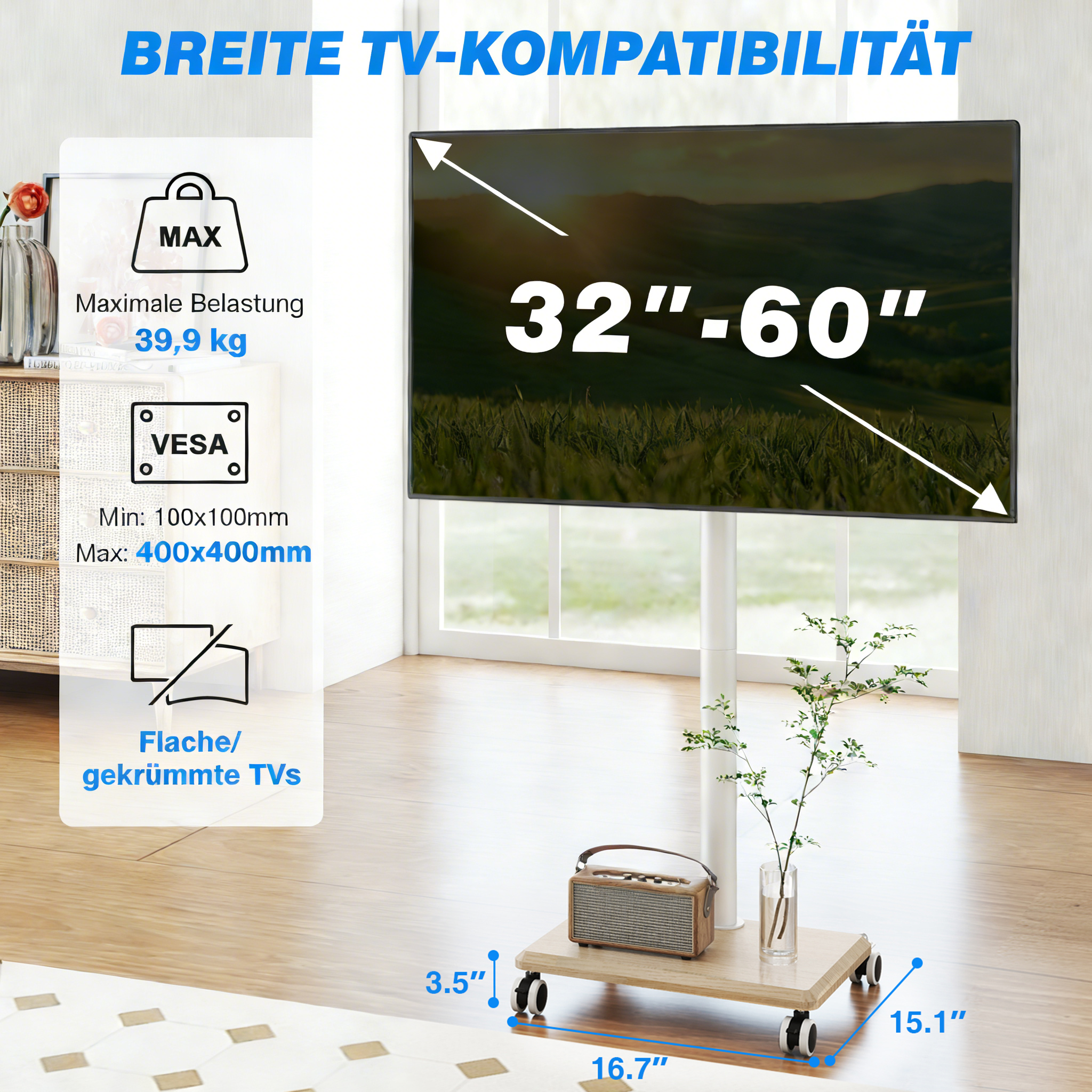 Ein TV-Ständer mit Rollen für 32-60 Zoll Fernseher, 39,9 kg max. Last.