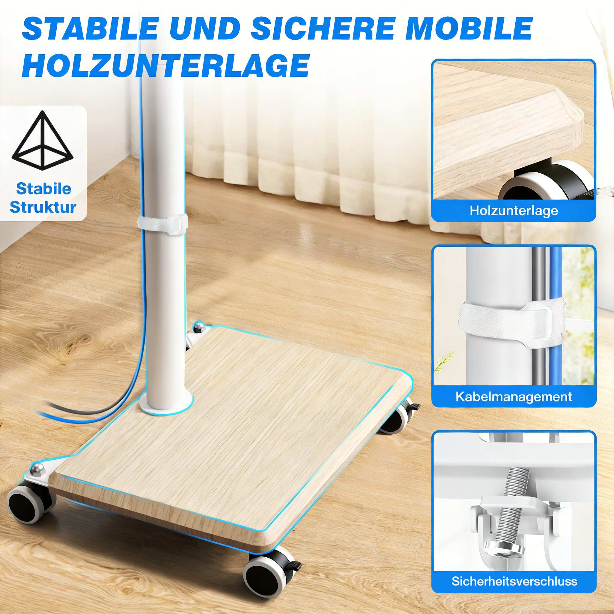 Mobiler Ständer mit Holzfuß, Rädern, Kabelmanagement und Sicherheitsverschluss.
