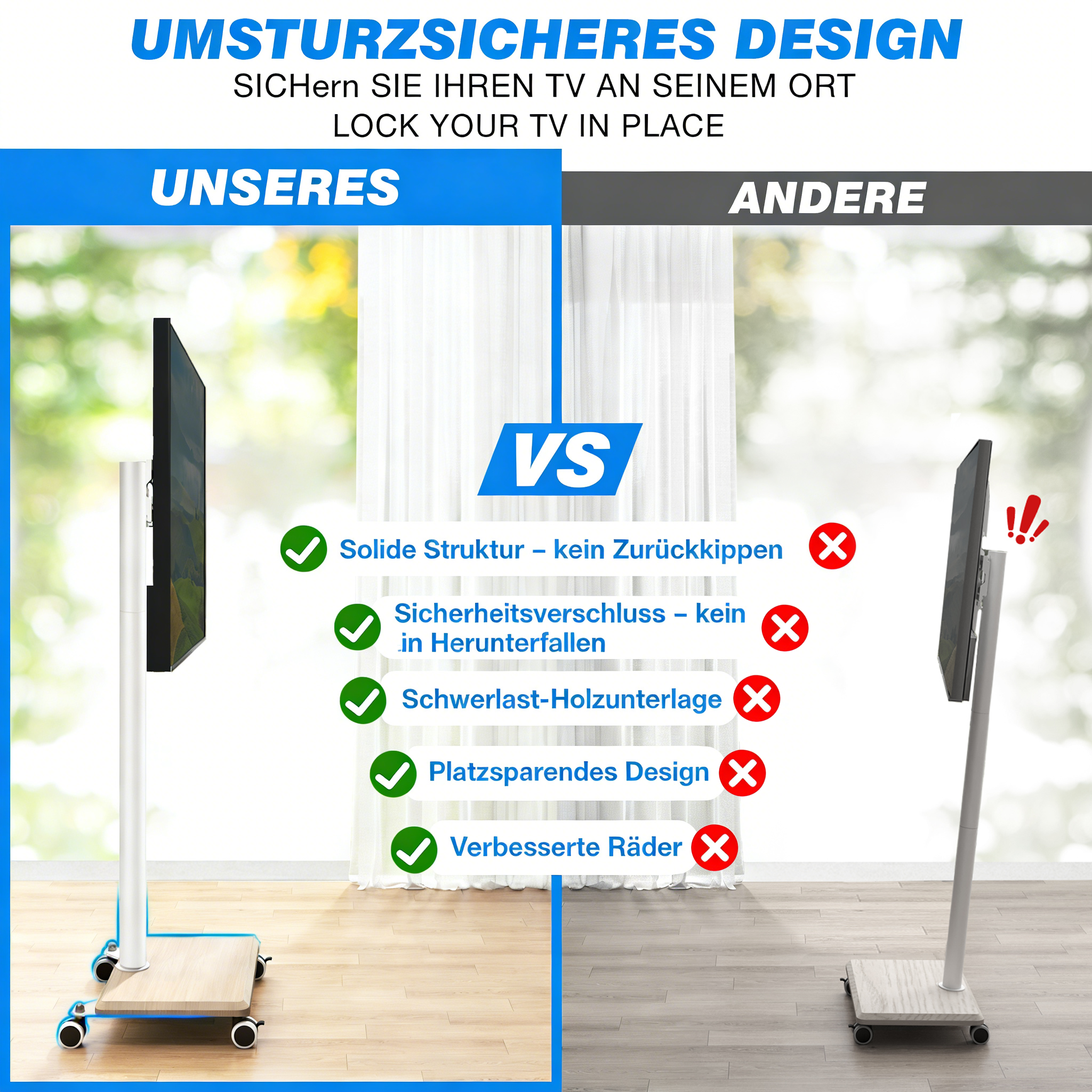 Vergleich von zwei TV-Ständern: einer mit Rollen und Holzbasis, der andere schmaler.