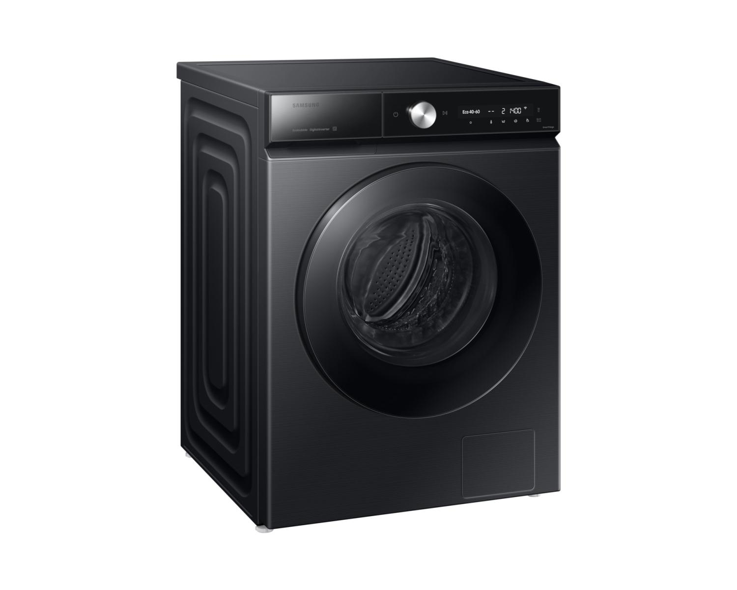 Black Samsung front-load washing machine with digital display and round door.