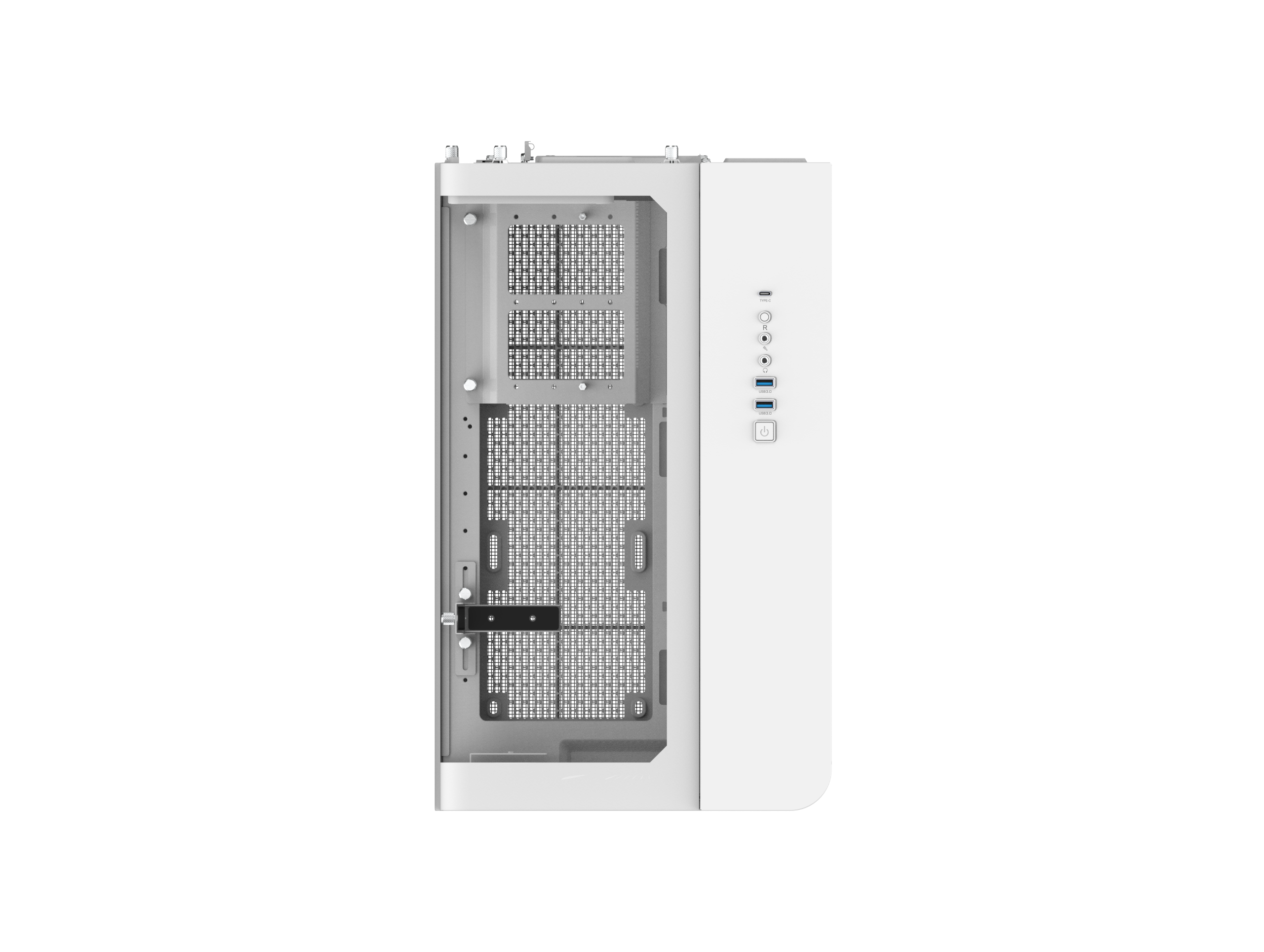 Ein weißes Computergehäuse mit einem perforierten Seitenpanel und Anschlüssen.