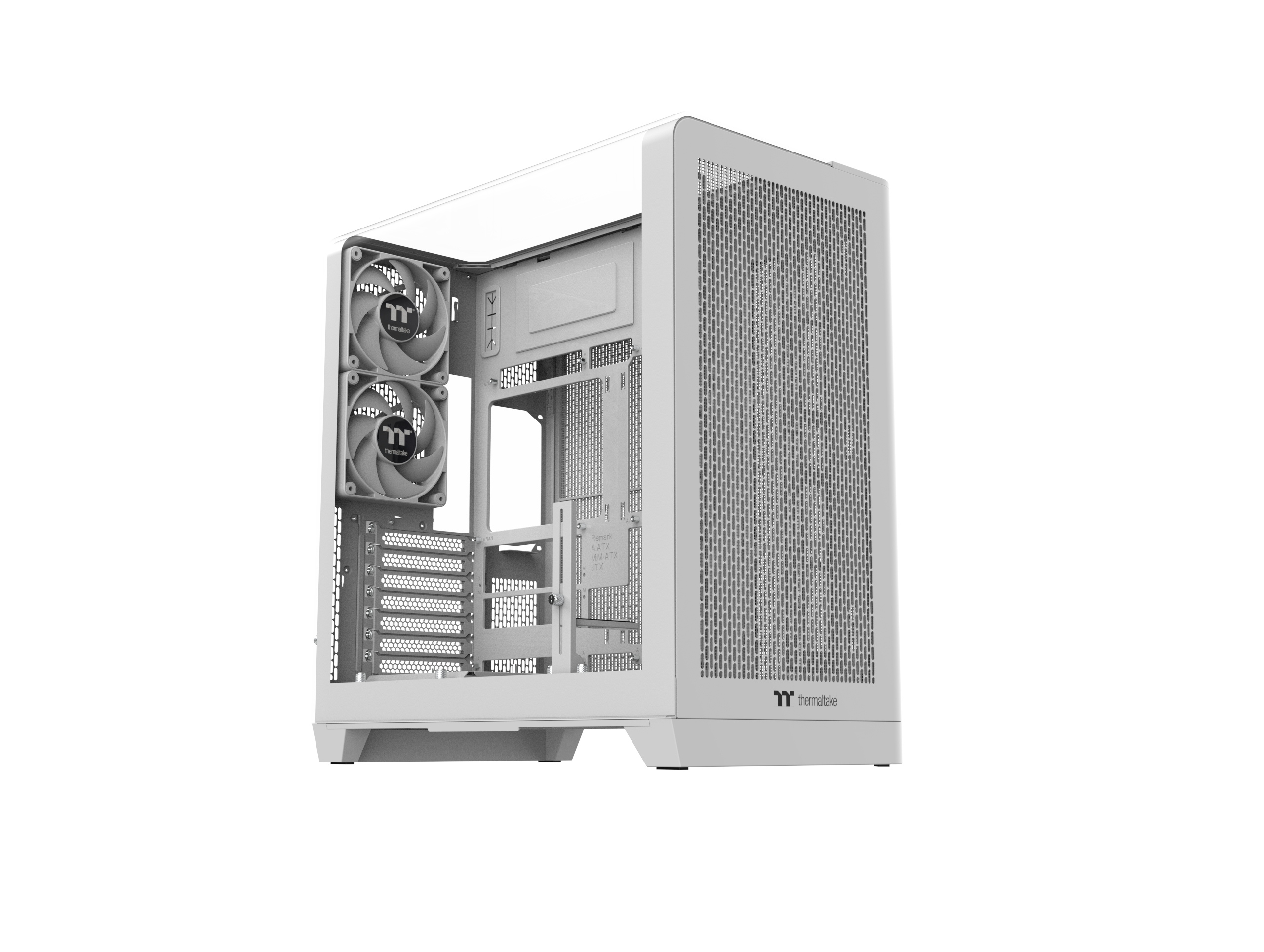 Weißes Computergehäuse mit Lüftern, Mesh-Front und Thermaltake-Logo.