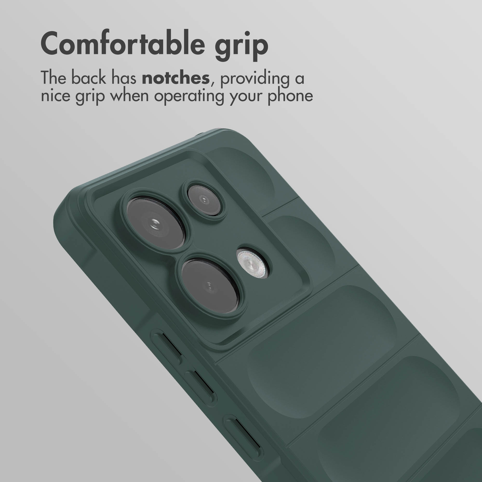 Funda de teléfono verde oscuro con muescas para un agarre cómodo.