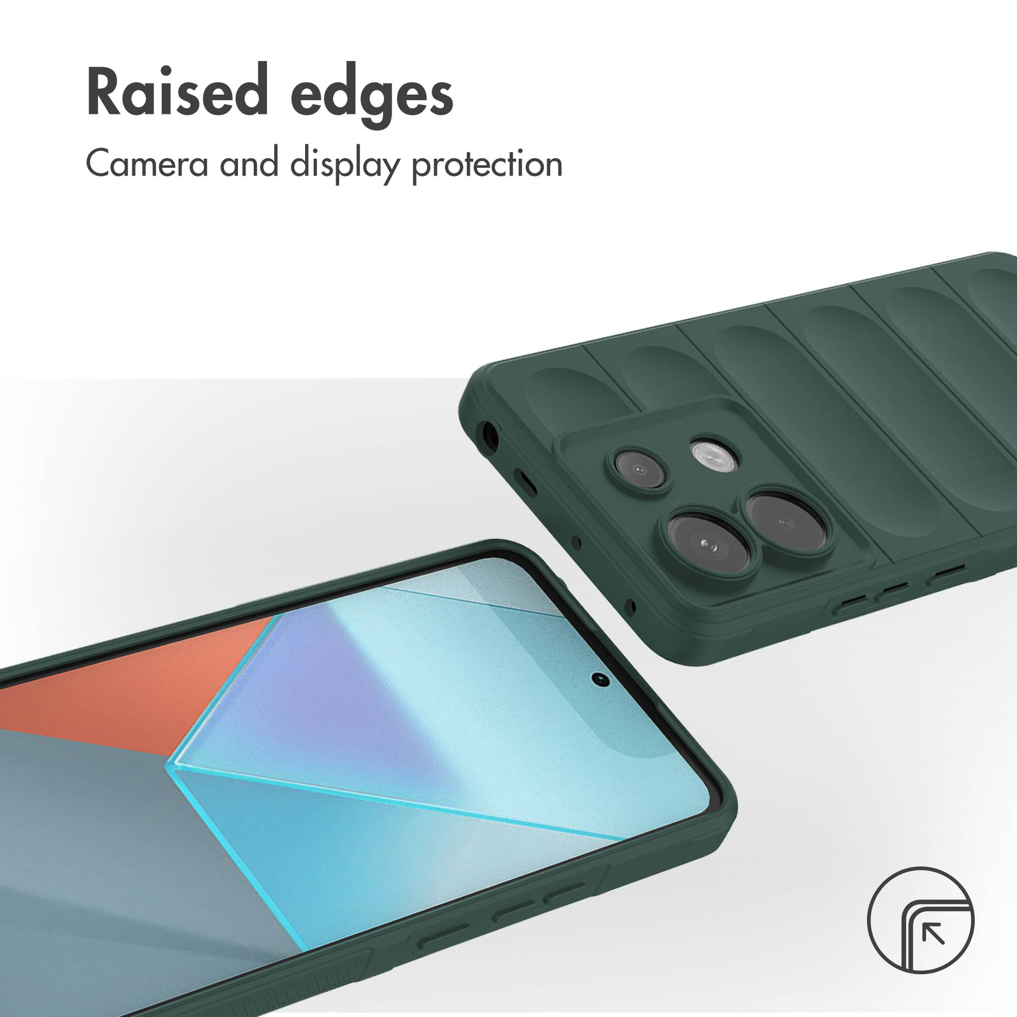 Funda de teléfono verde oscuro con bordes elevados, cámara y pantalla. Diseño minimalista.