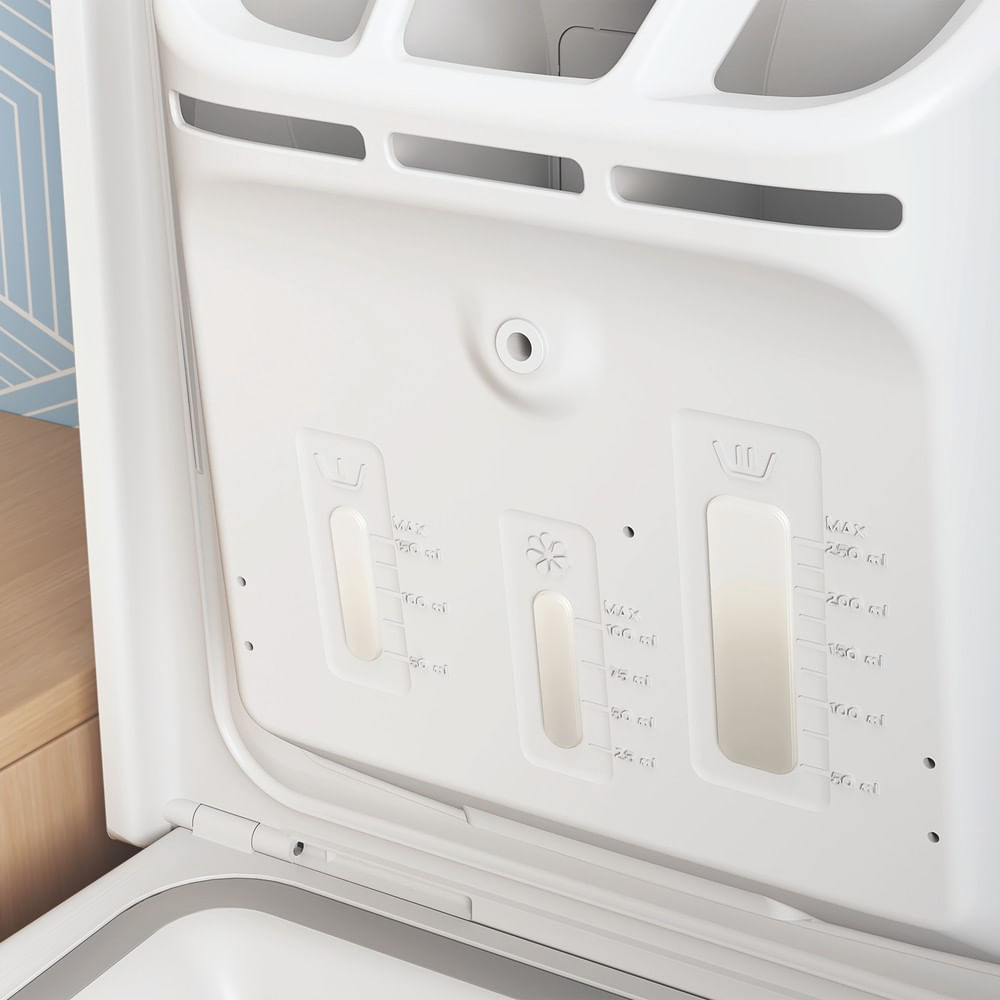 Cassetto detersivo bianco con tre scomparti e indicatori di livello.