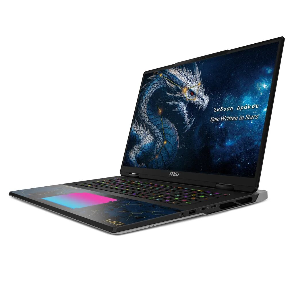Ekranında ejderha ve arkadan aydınlatmalı klavyeye sahip açık bir MSI dizüstü bilgisayar.