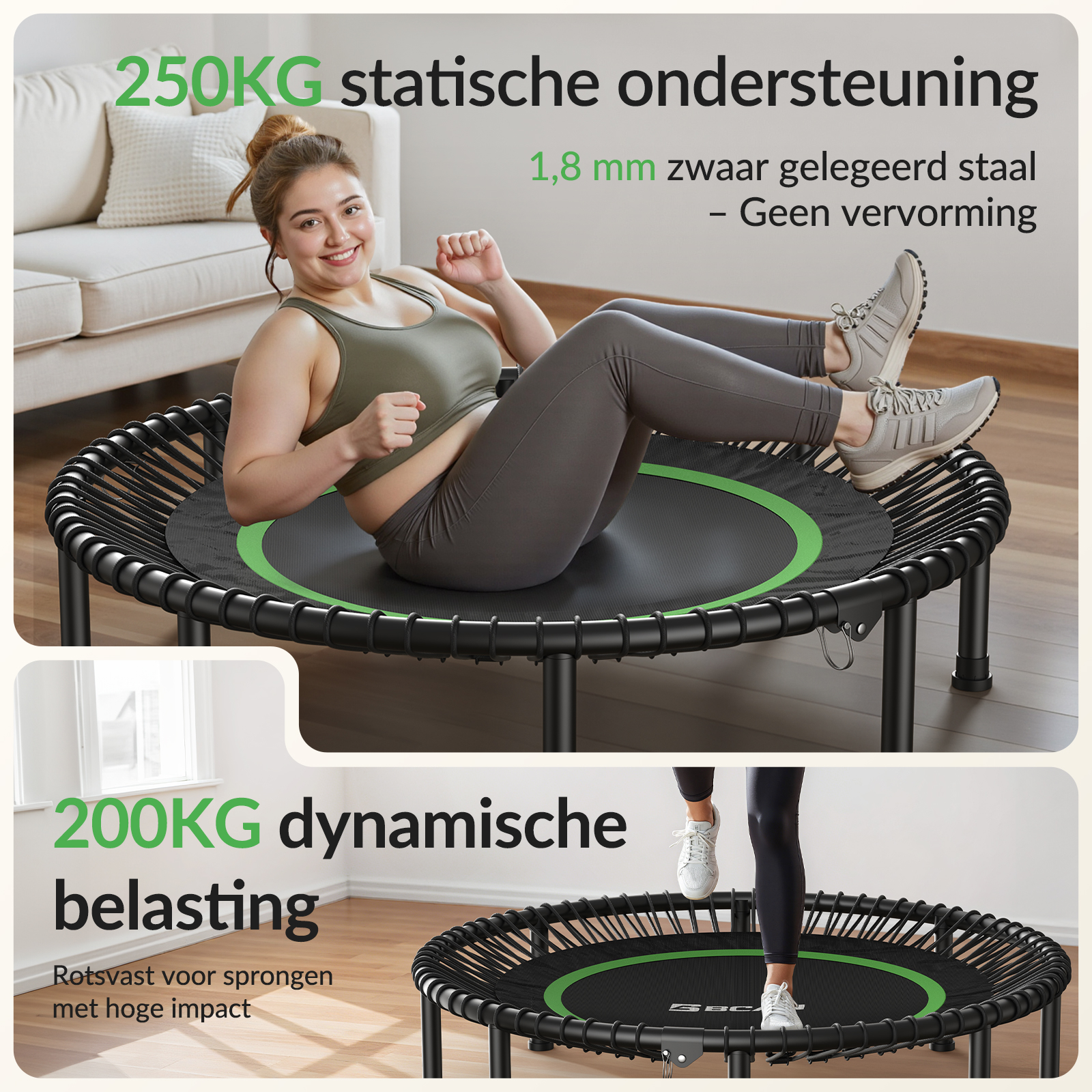 Frau auf Trampolin mit 250kg statischer Unterstützung; Beine springen auf Trampolin mit 200kg dynamischer Belastung.