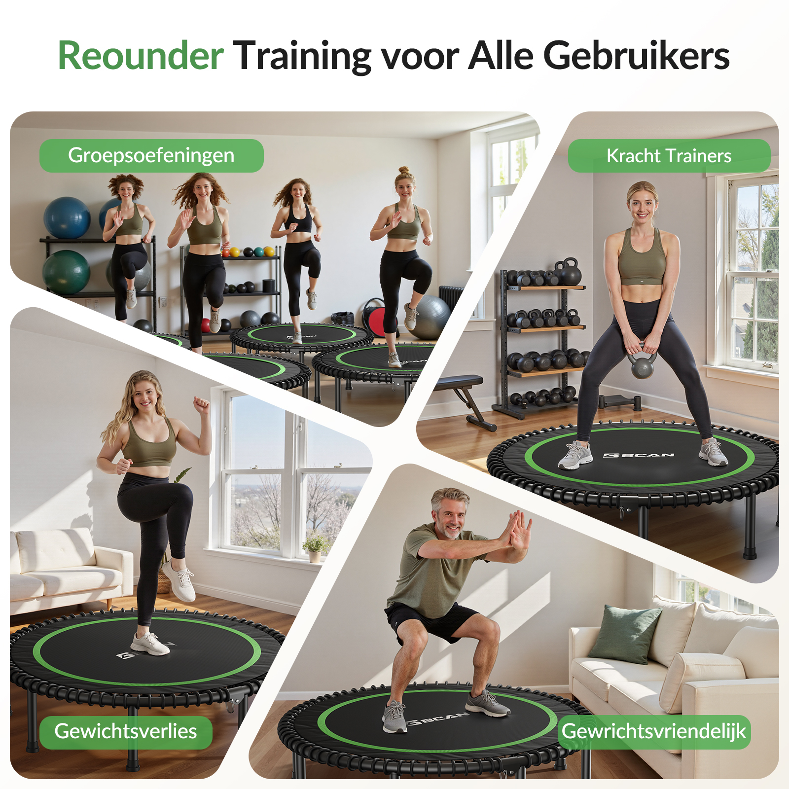 Vier Szenen: Gruppentraining, Krafttraining, Gewichtsverlust, gelenkschonend.