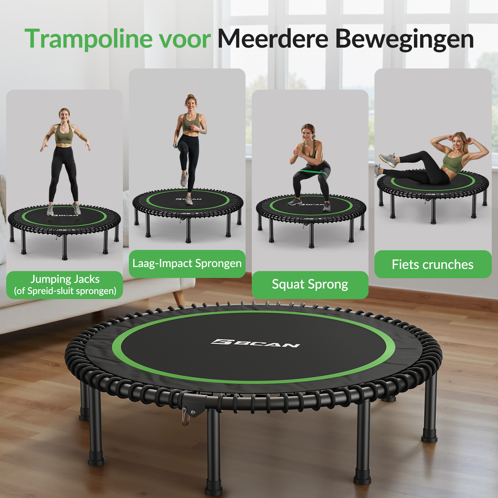 Trampolin mit vier Übungen: Jumping Jacks, Laag-Impact Sprongen, Squat Sprong, Fiets crunches.