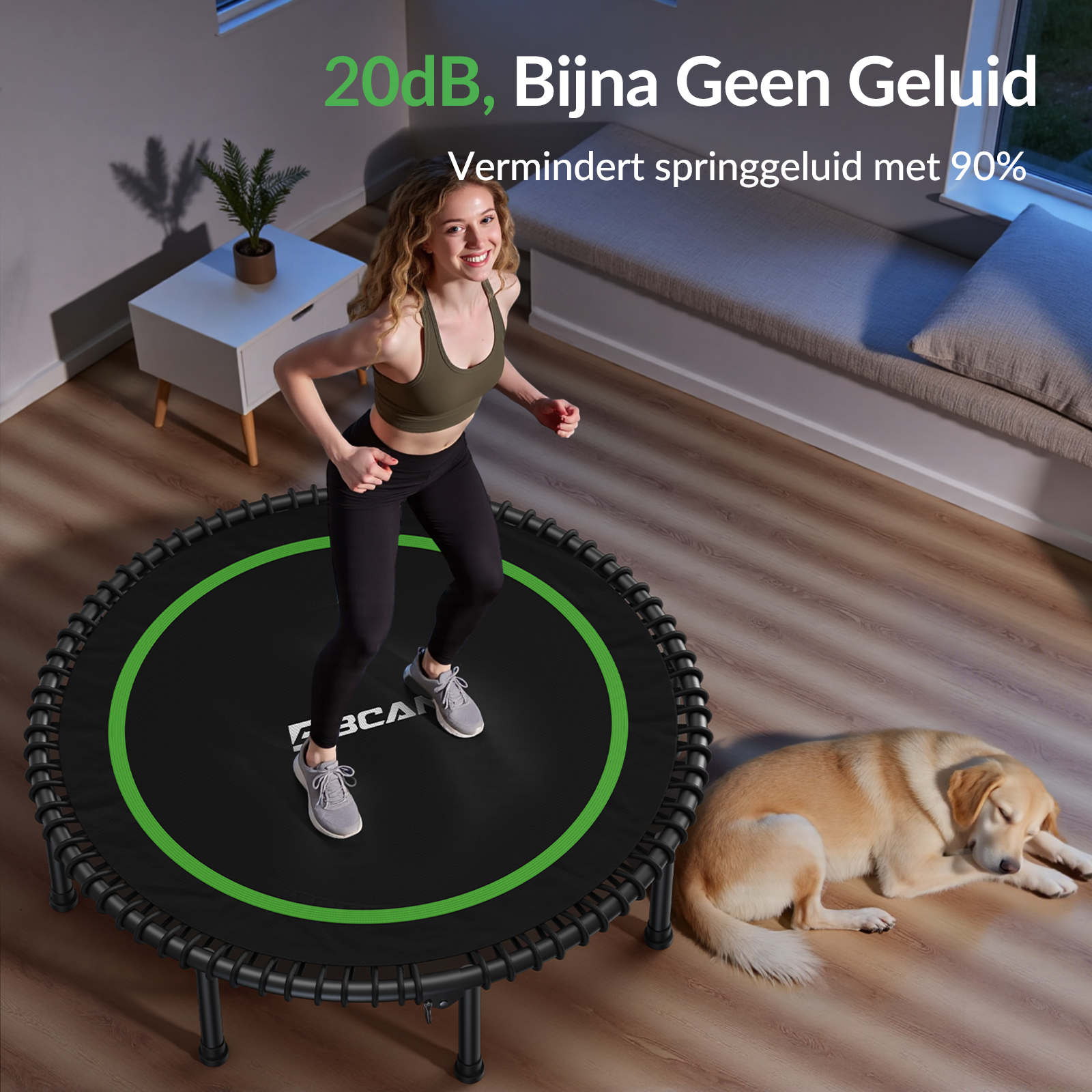 Frau auf Trampolin, Hund schläft daneben. Leise 20dB, reduziert Sprunggeräusche um 90%.