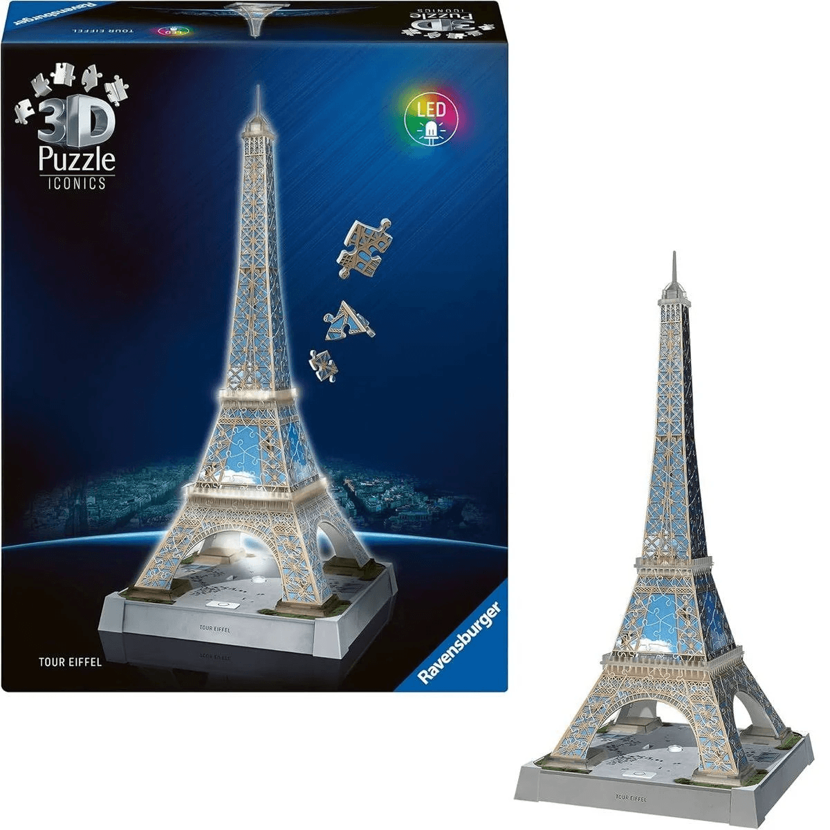 Rompecabezas 3D de la Torre Eiffel con luces LED y logo de Ravensburger.