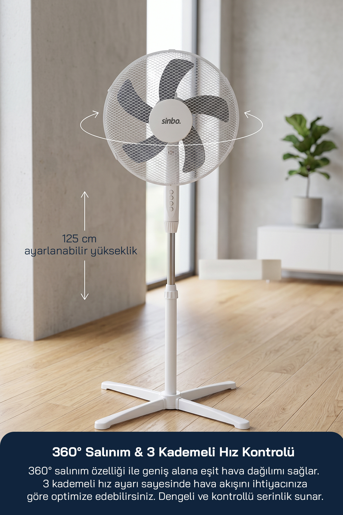 125 cm ayarlanabilir yüksekliğe sahip beyaz bir vantilatör ahşap zeminde duruyor.