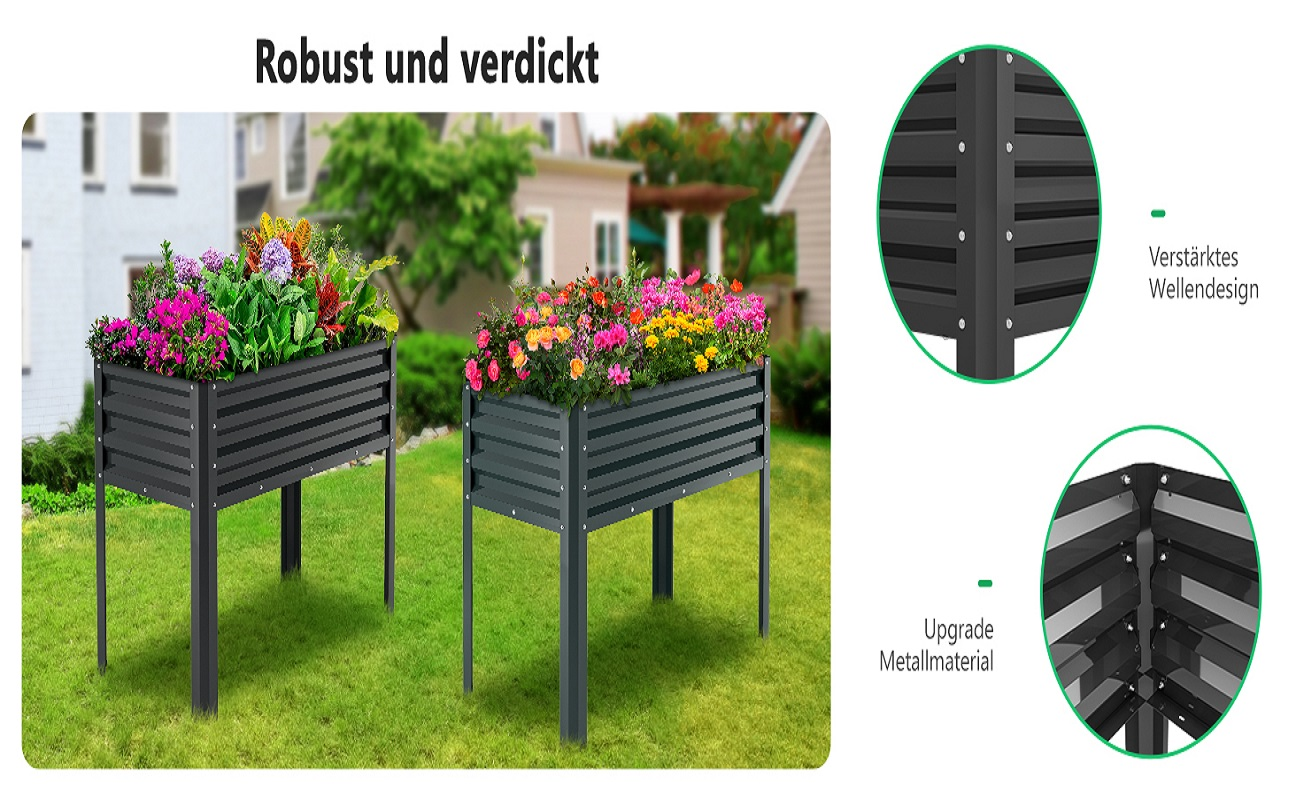 Zwei erhöhte graue Blumenbeete mit bunten Blumen auf einer grünen Rasenfläche.