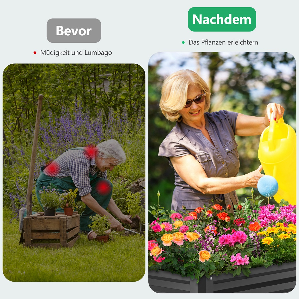 Mann mit Schmerzen beim Gärtnern, Frau gießt Blumen mit gelber Gießkanne.