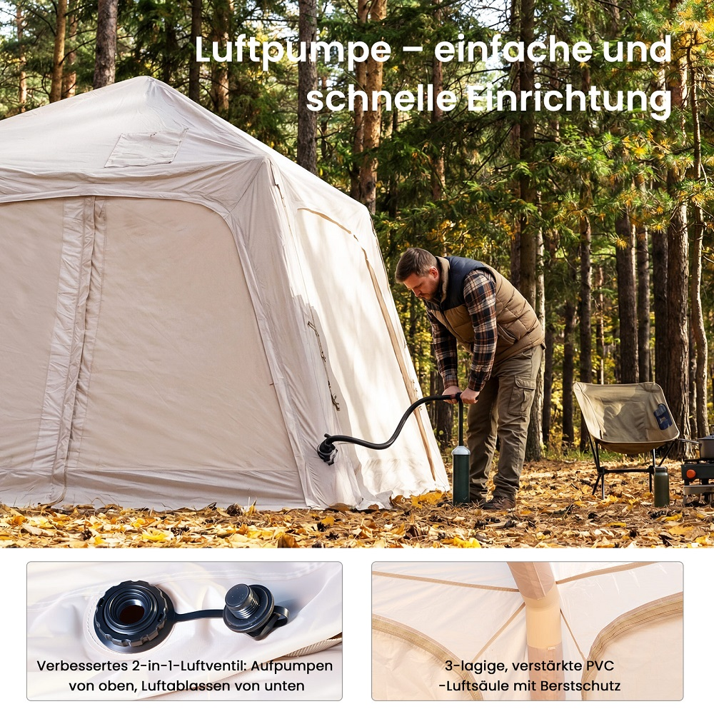 Mann pumpt Zelt mit Pumpe auf; Waldesumgebung. Unterbilder zeigen Ventil und PVC-Säule.