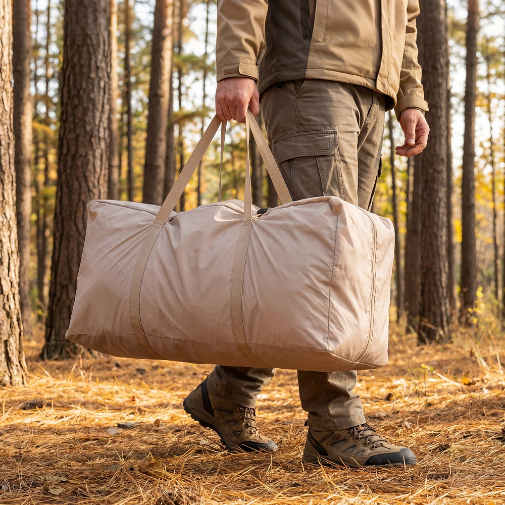 Mann trägt große beige Tasche durch einen Wald mit Kiefern.