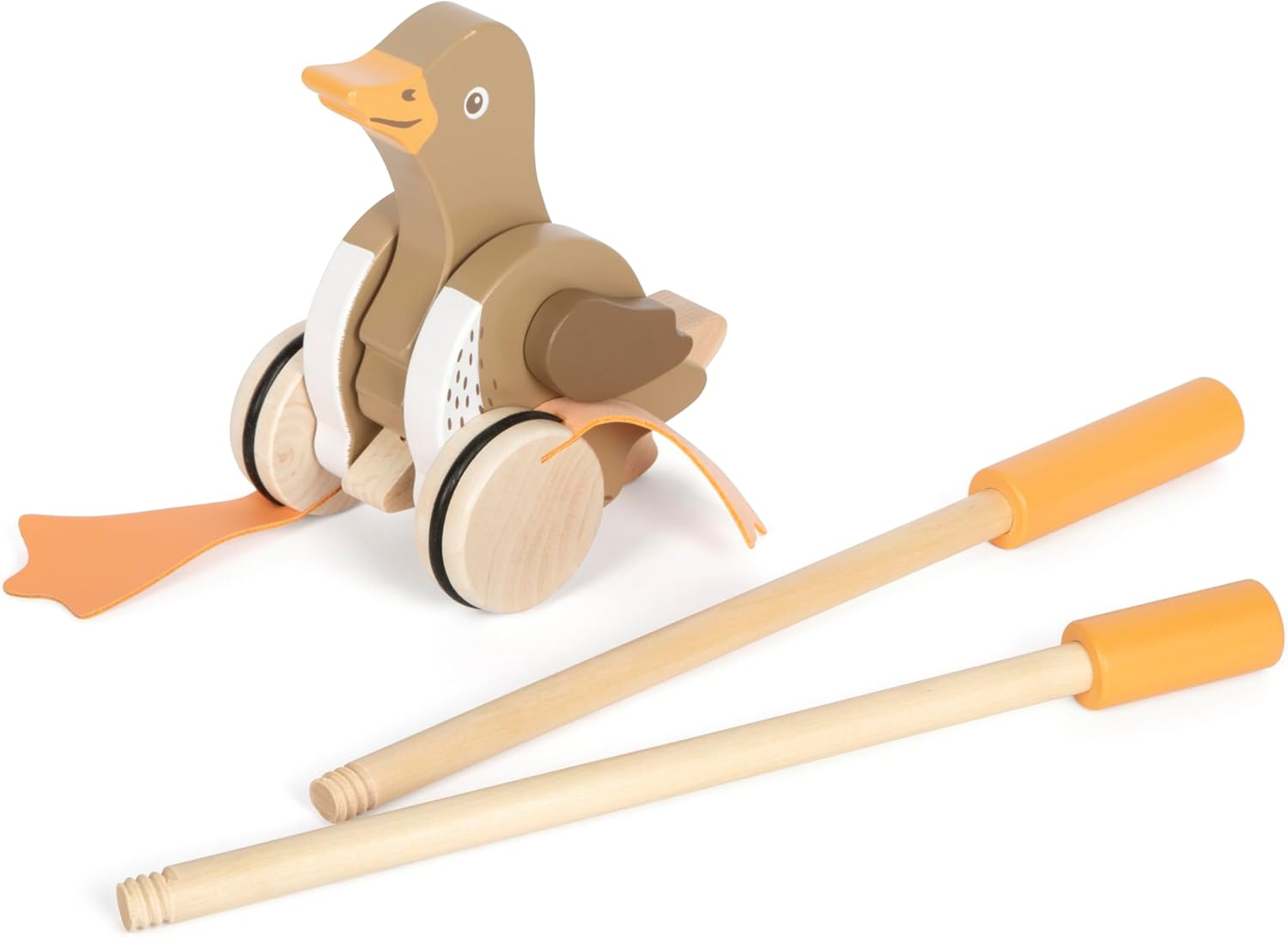 Ein hölzerner Spielzeug-Entenzug mit zwei Holzstöcken mit orangefarbenen Griffen.