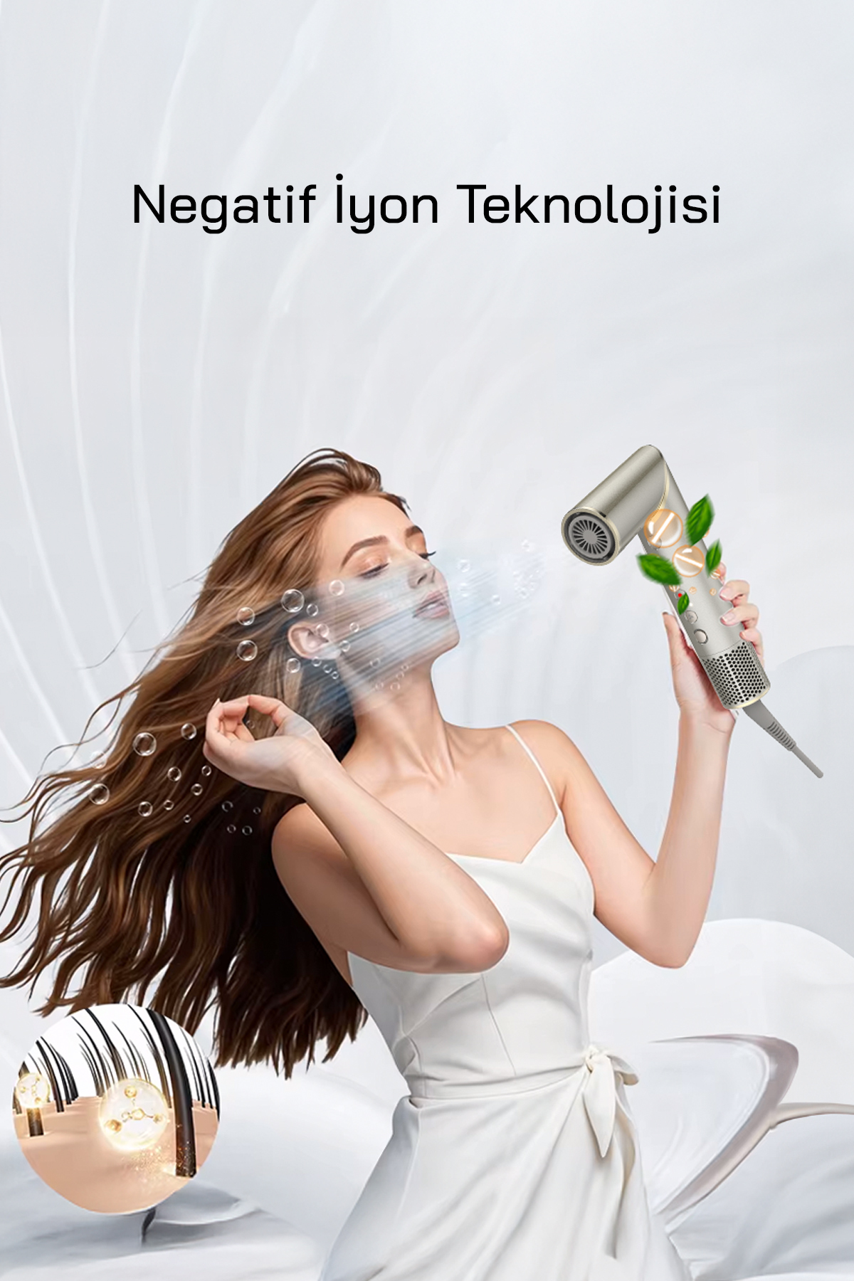 Uzun saçlı kadın, gümüş rengi saç kurutma makinesiyle yüzünü kurutuyor.