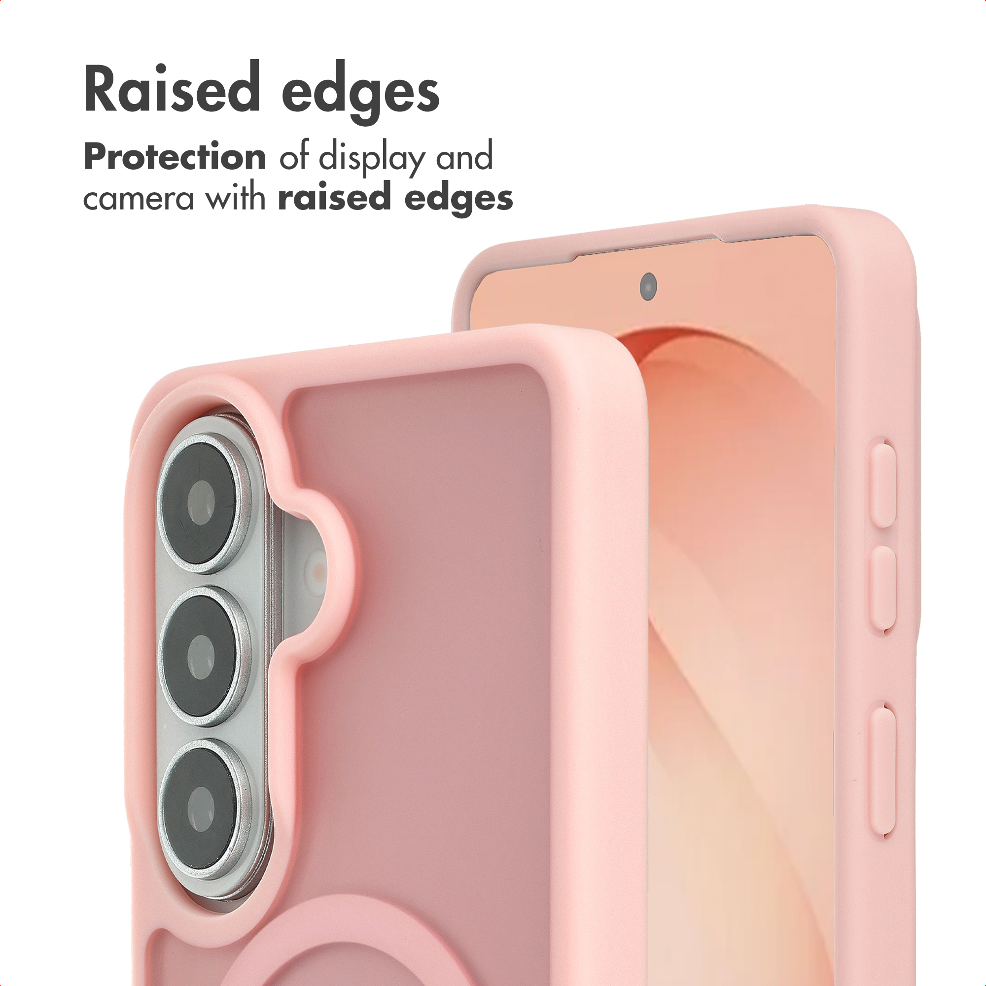 Custodia rosa per telefono con sporgenza fotocamera e bordi rialzati.