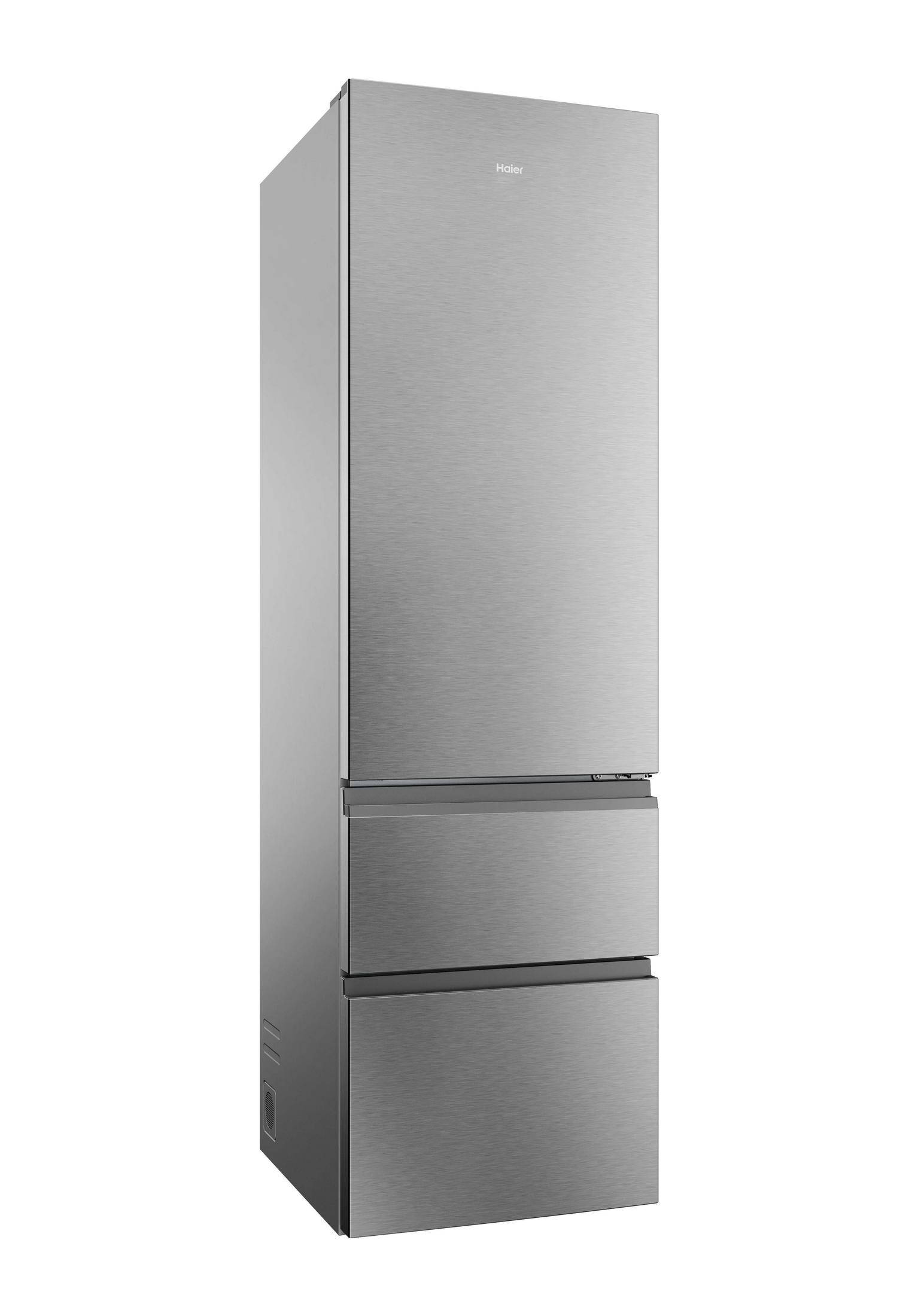 Refrigerador Haier plateado con tres cajones, fondo blanco.