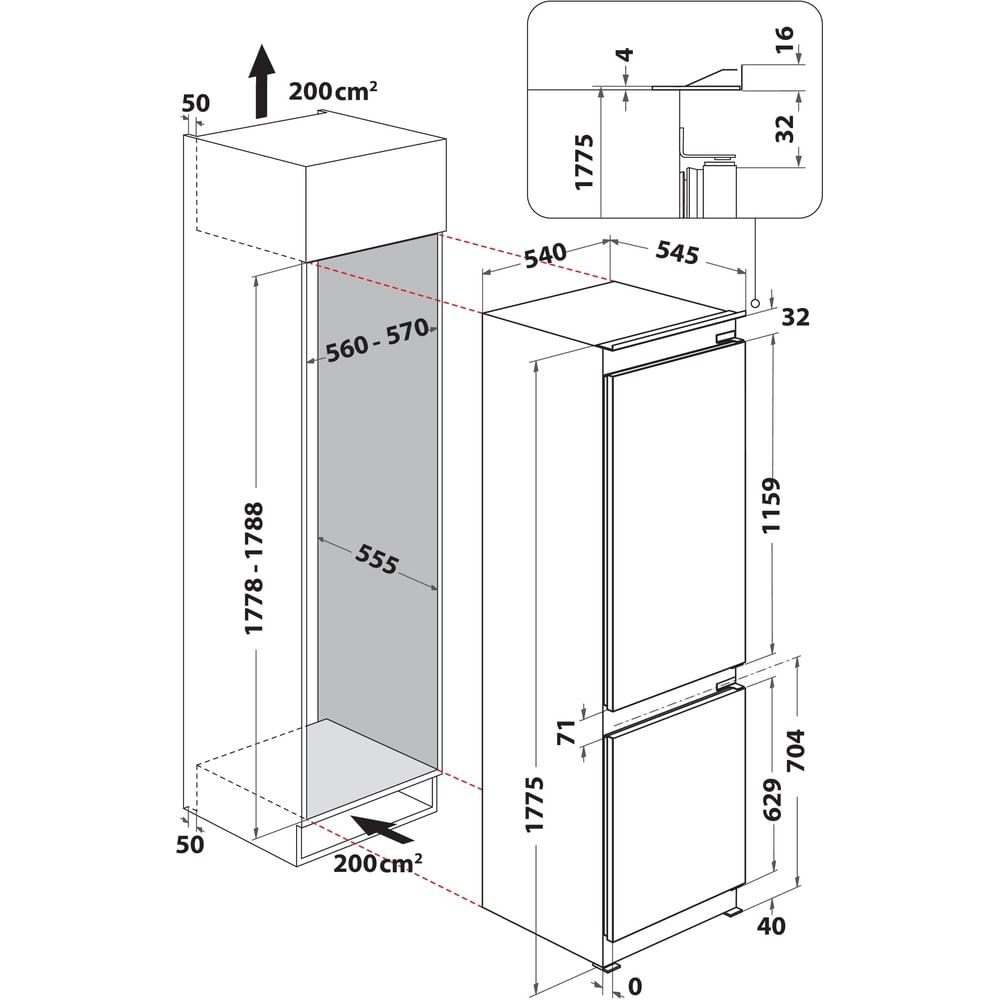 Disegno tecnico con dimensioni per un frigorifero. Mostra altezza, larghezza e profondità.