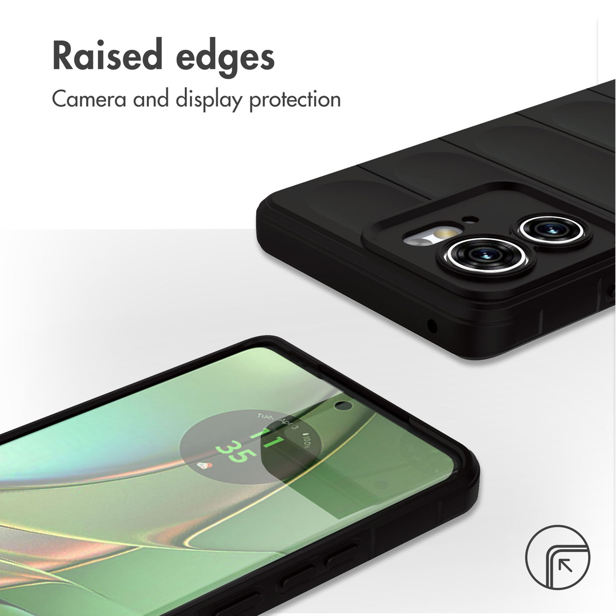 Custodia nera per telefono con bordi rialzati che proteggono fotocamera e display.