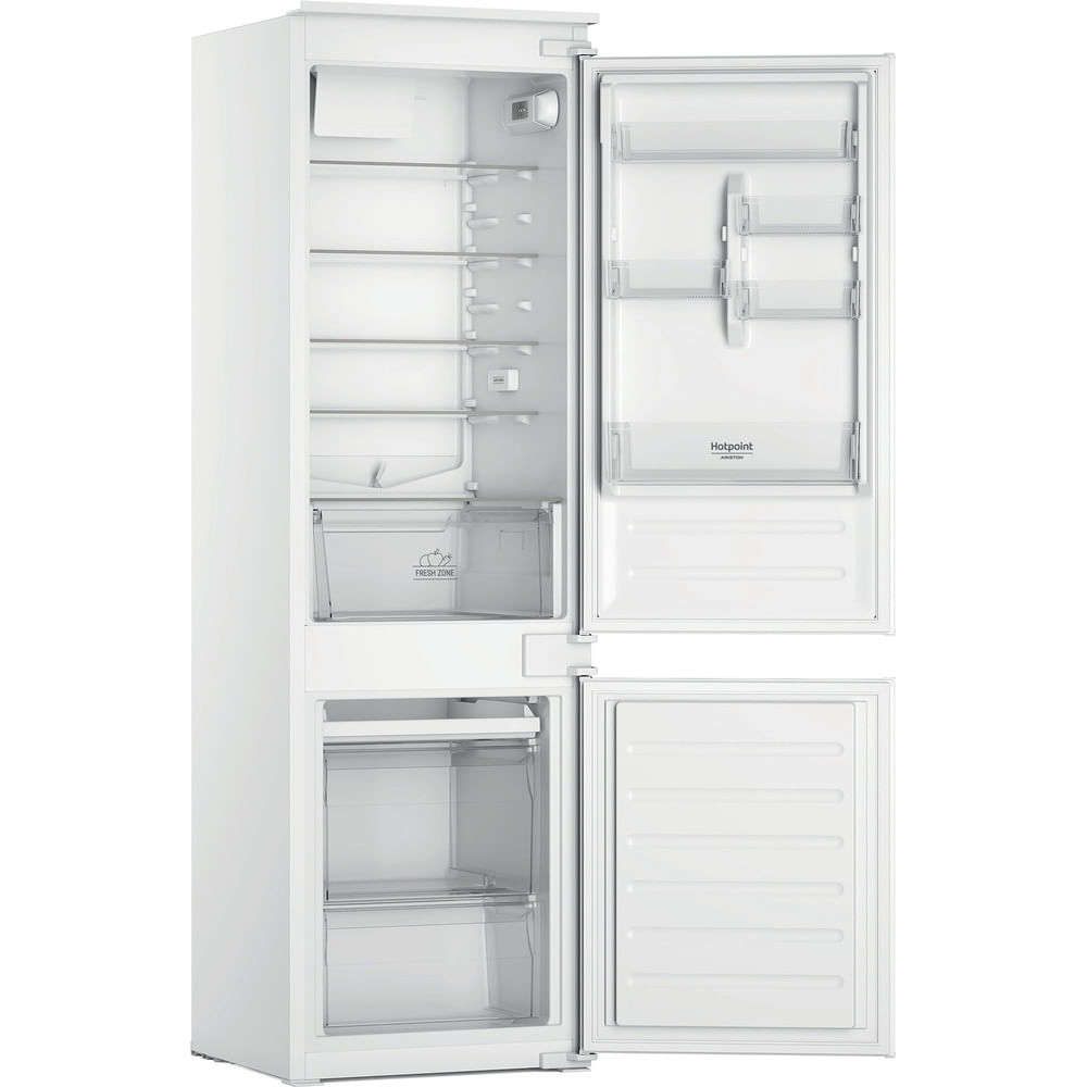 Un frigorifero bianco con porte aperte, vuoto.