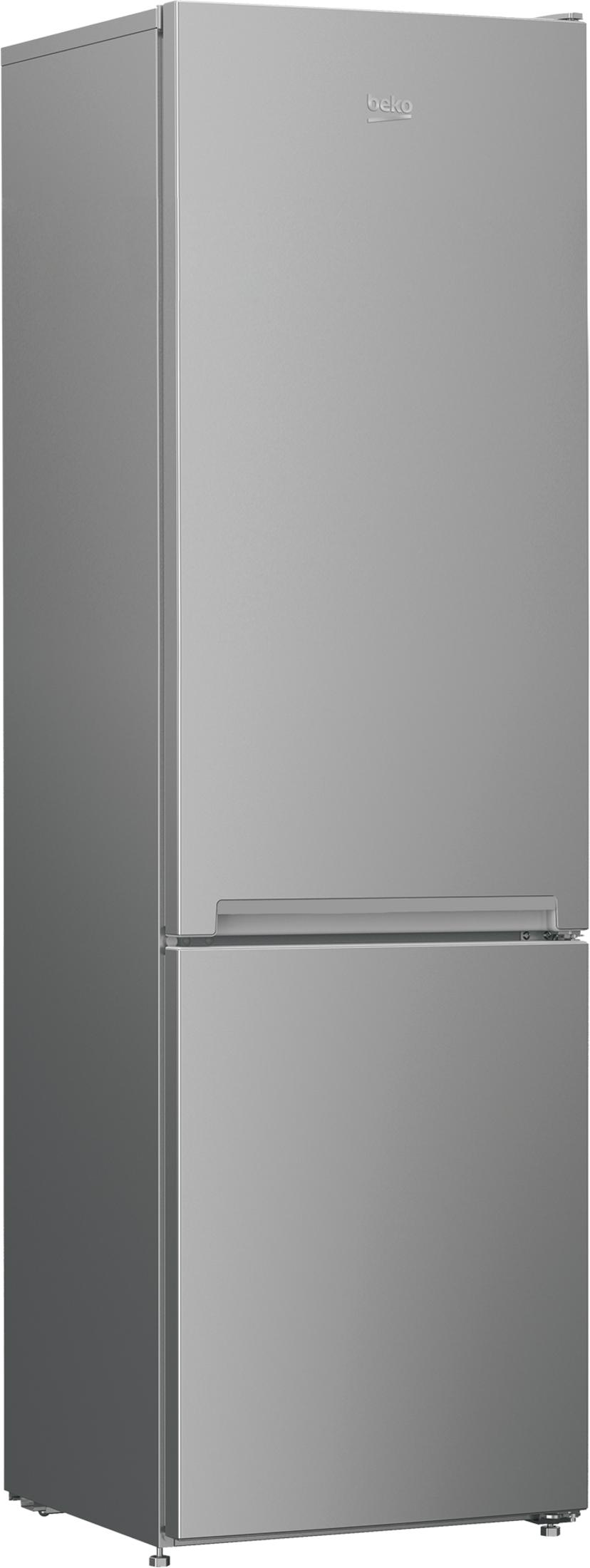 Un frigorifero argento a due porte con logo Beko in alto.