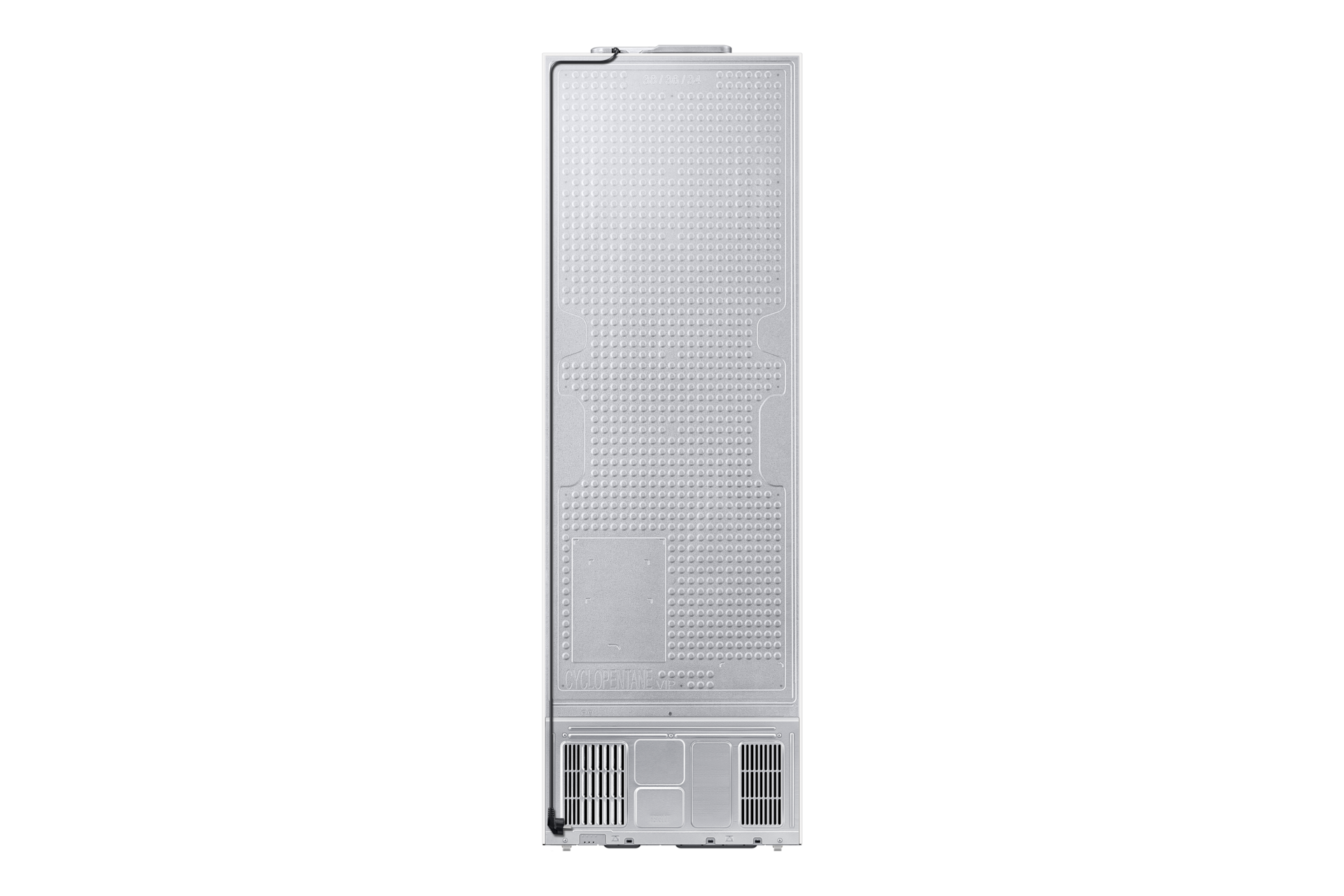 Retro di un frigorifero bianco con prese d'aria e tubi di raffreddamento.