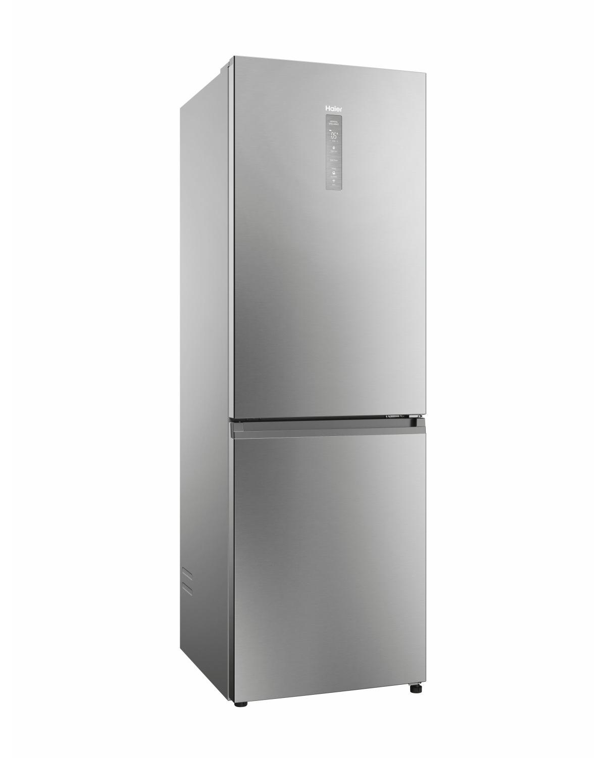 Un frigorifero Haier argentato a due porte con pannello digitale.