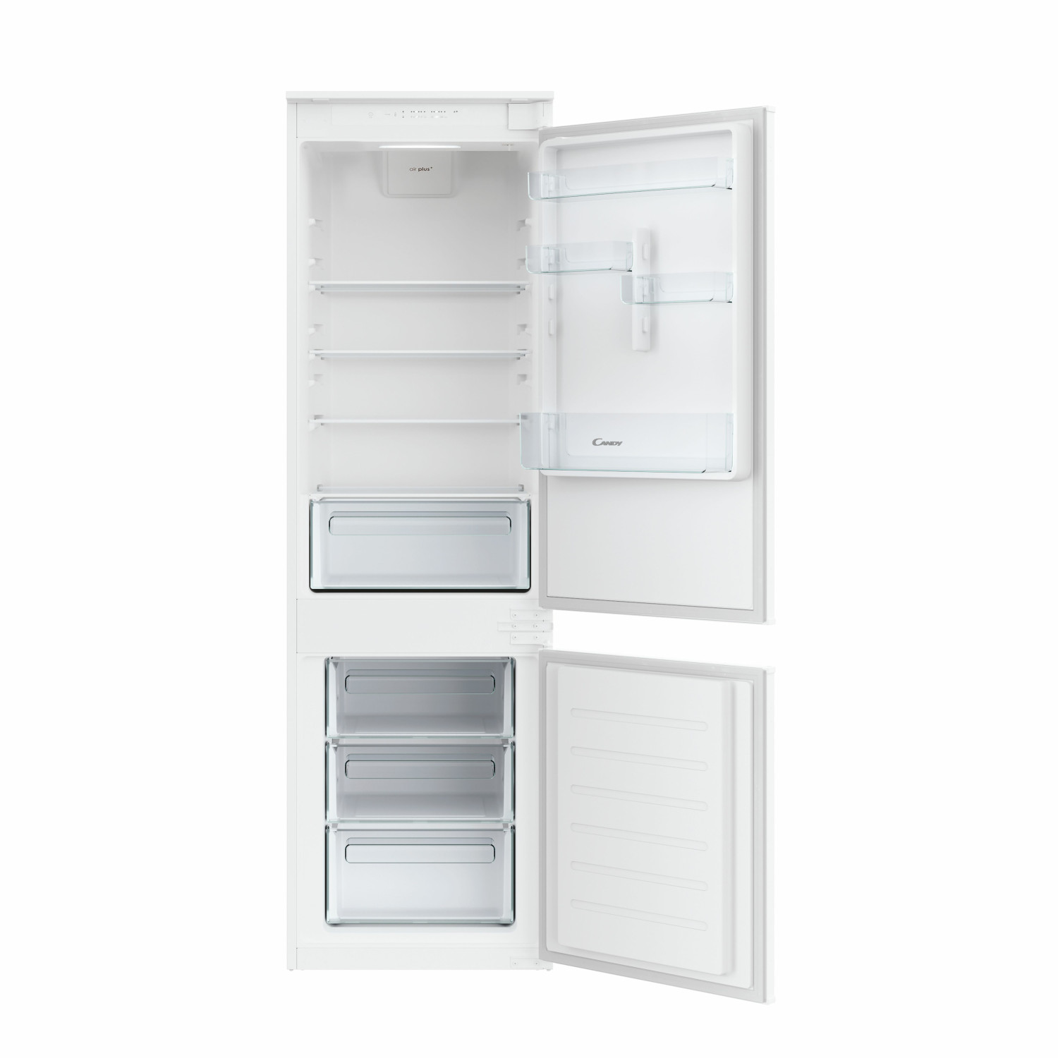 Un frigorifero bianco con porta aperta, con ripiani e cassetti.