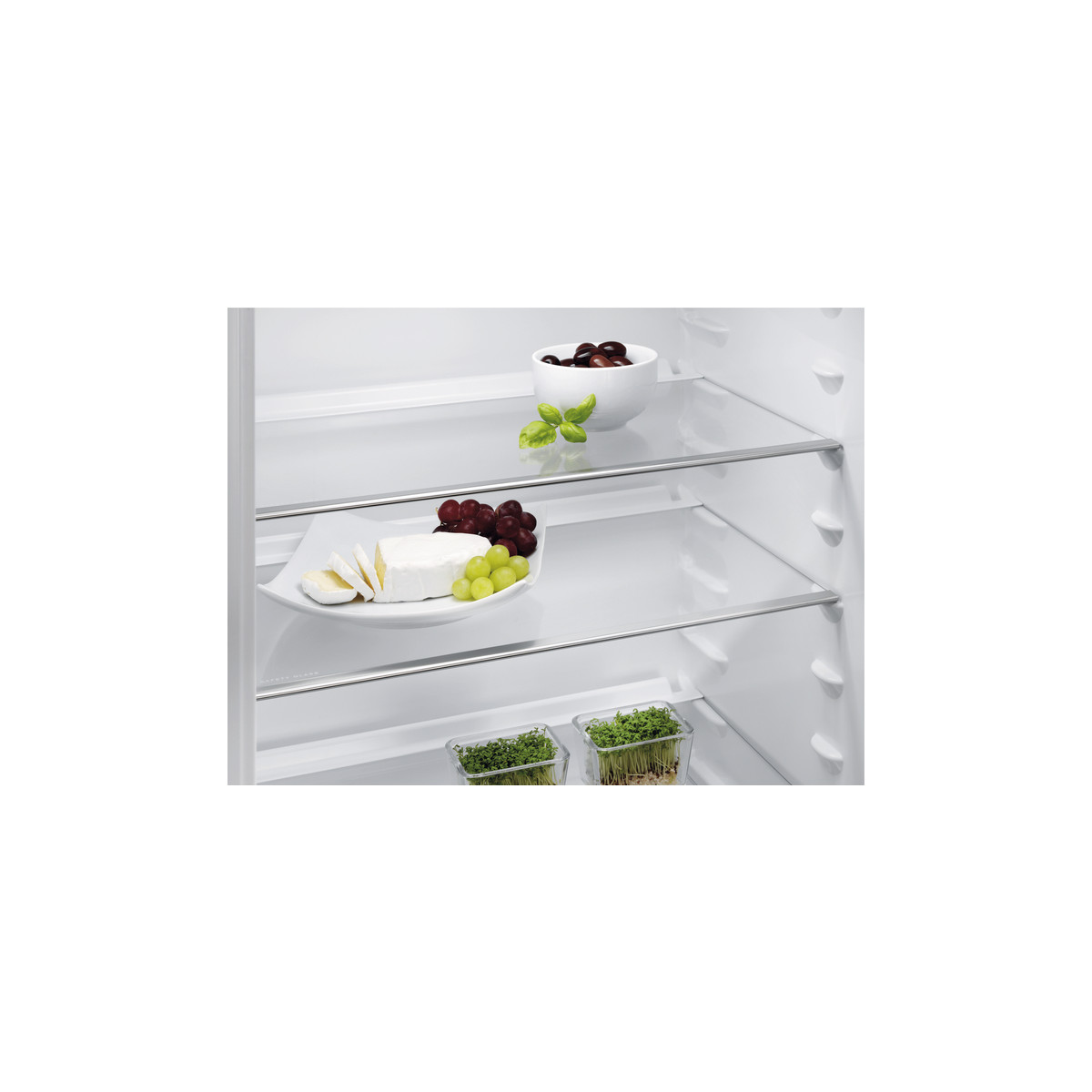 Inside view of a refrigerator with cheese, grapes, olives, and sprouts.