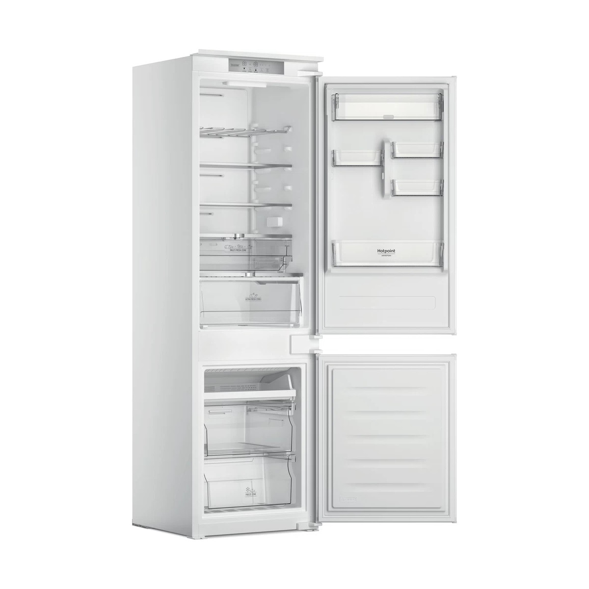 Un frigorifero Hotpoint bianco con lo sportello superiore e quello inferiore del congelatore aperti, che rivelano ripiani e cassetti vuoti.