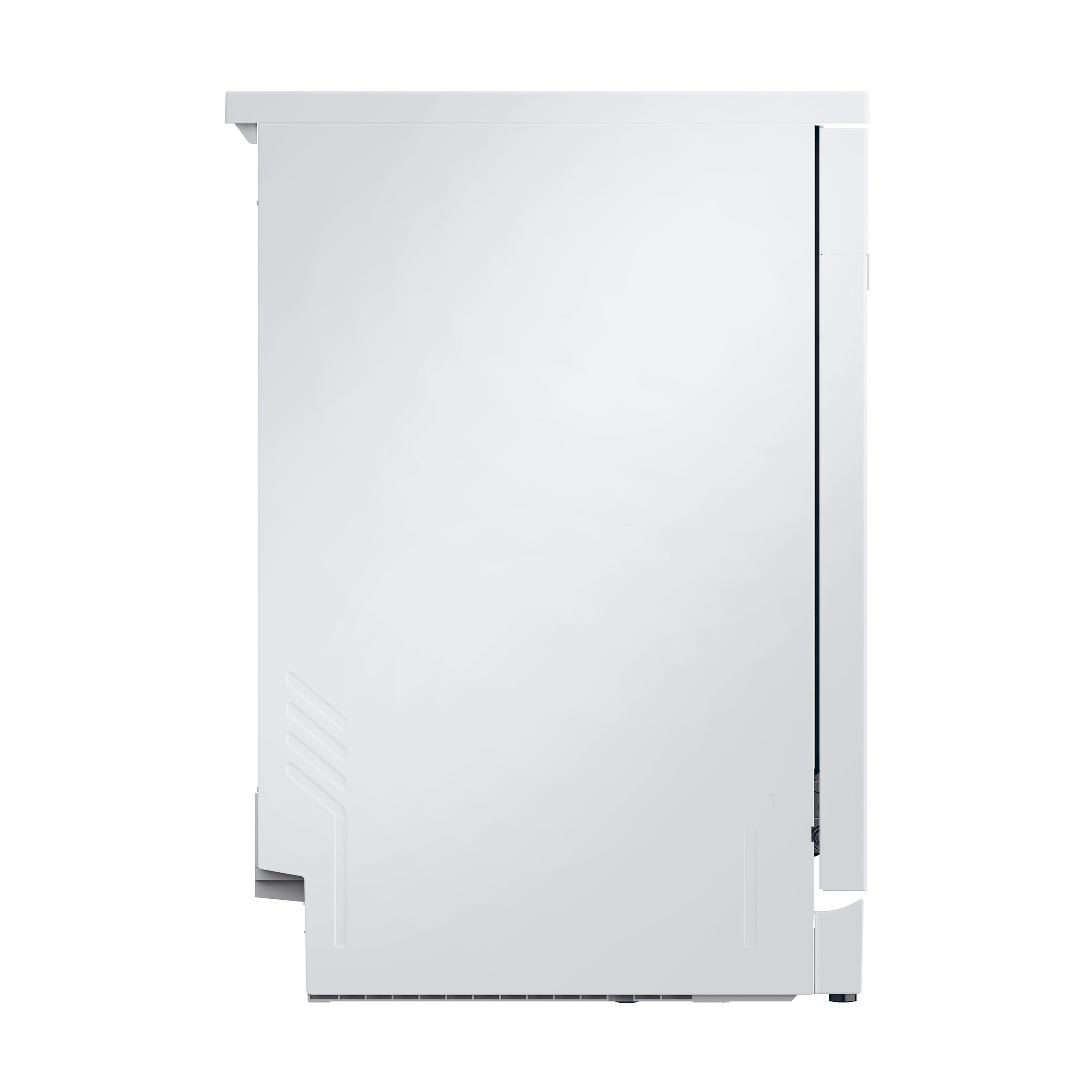 Lavadora blanca de lado, diseño sencillo.