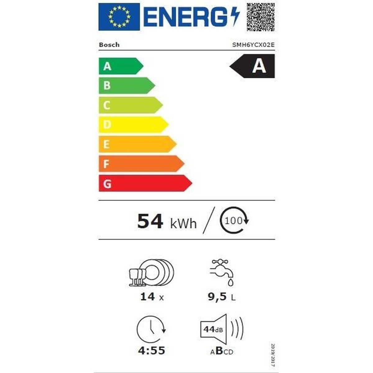 Etiqueta energética Bosch: Clase A, 54 kWh/100 ciclos, 14 servicios, 9.5L agua, programa 4:55, 44dB ruido.