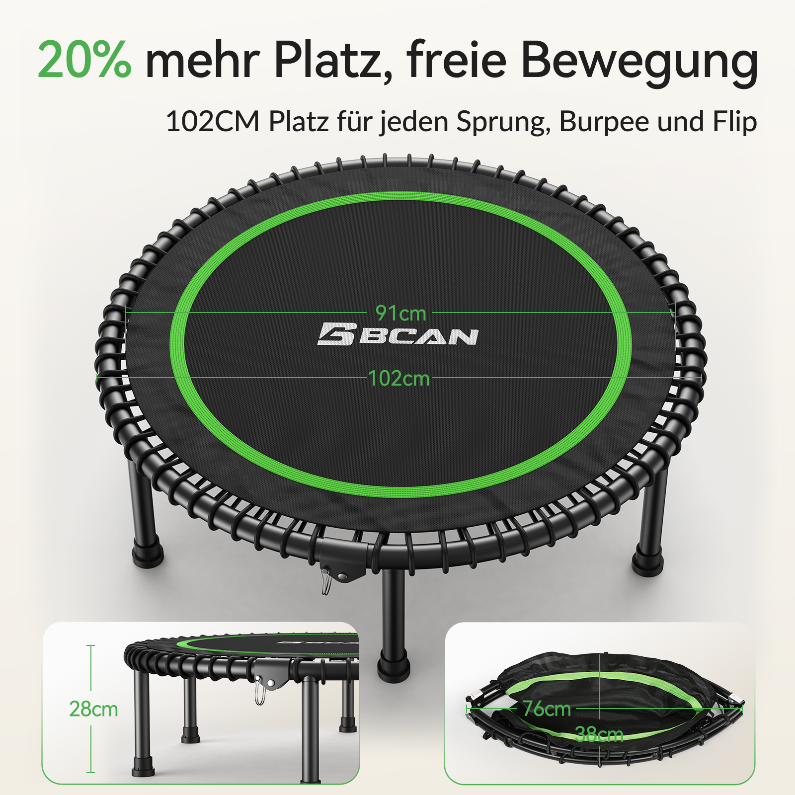Schwarzer Trampolin mit grünen Akzenten, 102cm Durchmesser, 28cm Höhe.