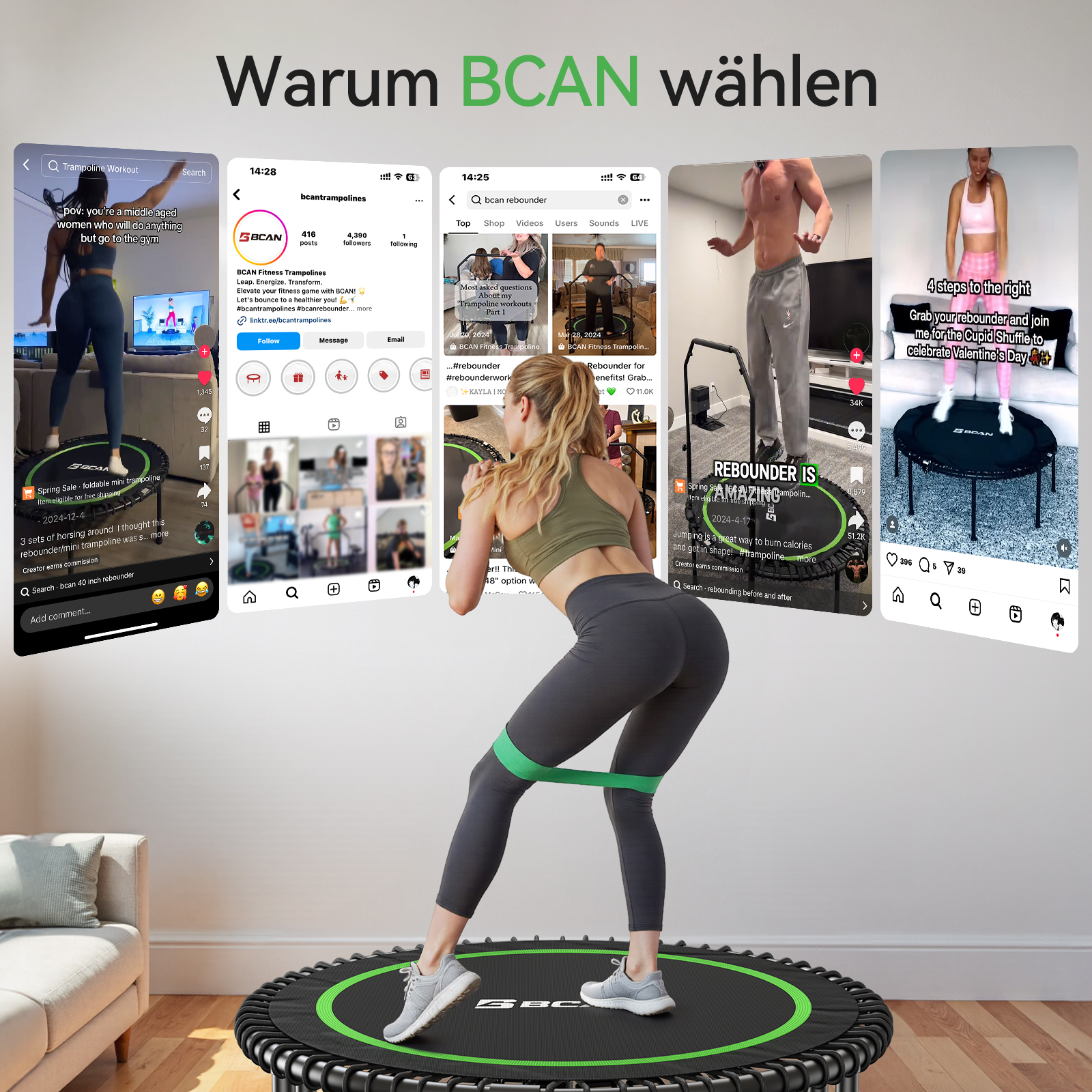 Collage zeigt Frauen, die auf Trampolinen trainieren und Instagram-Seiten.