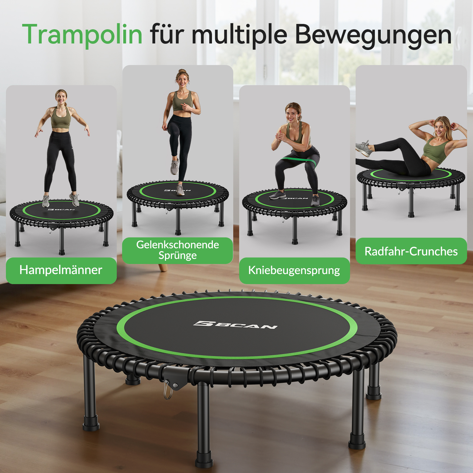 Vier Frauen trainieren auf einem Trampolin: Hampelmänner, Sprünge, Kniebeugen, Crunches.